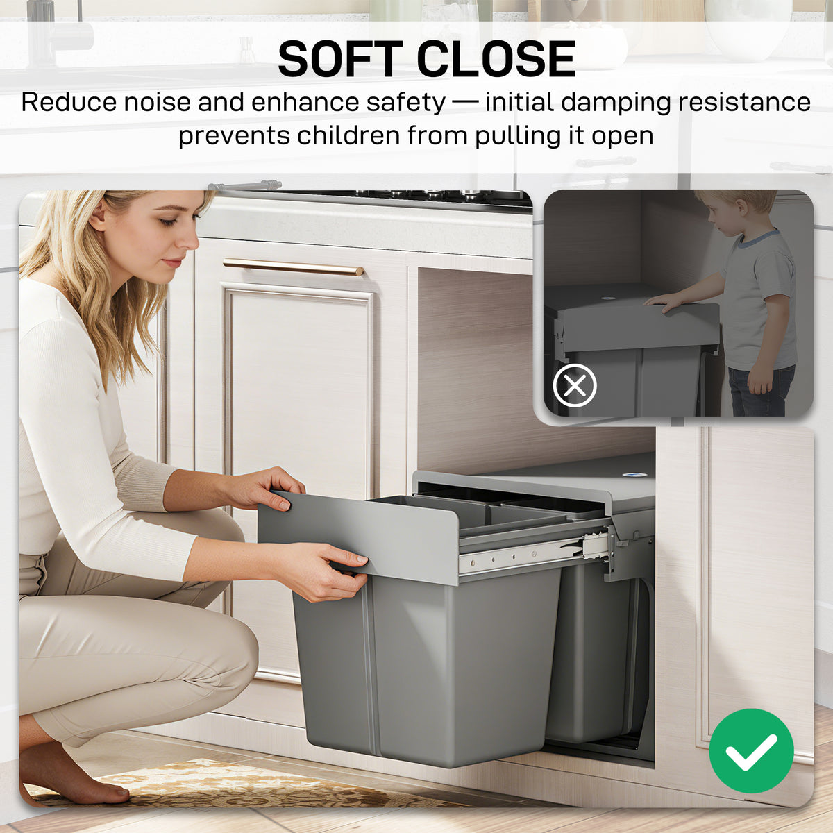HOMCOM Pull Out Bin, Under Sink Bin - 3 Removable Compartments (15L + 2 x 8L) for 400mm Cabinets, Light Grey