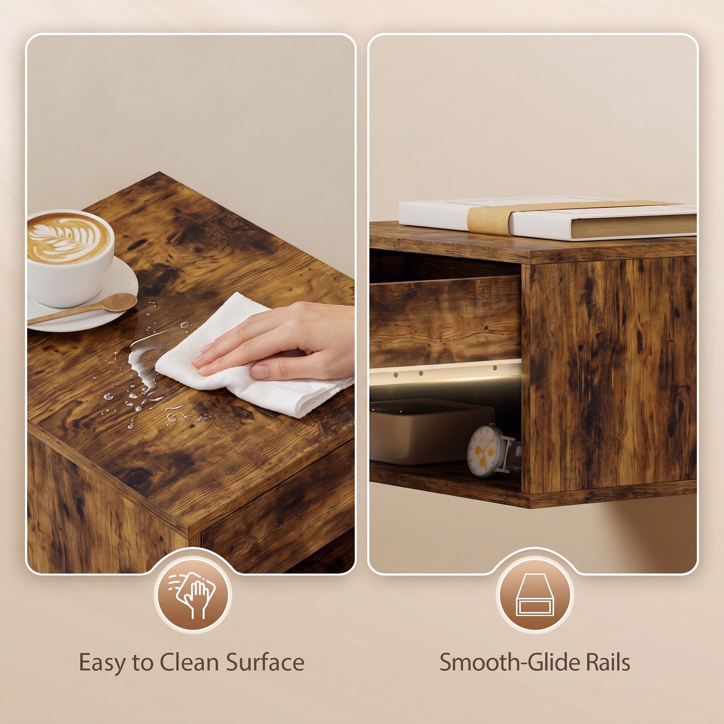 HOMCOM Set of Two Floating Bedside Tables - Rustic Brown