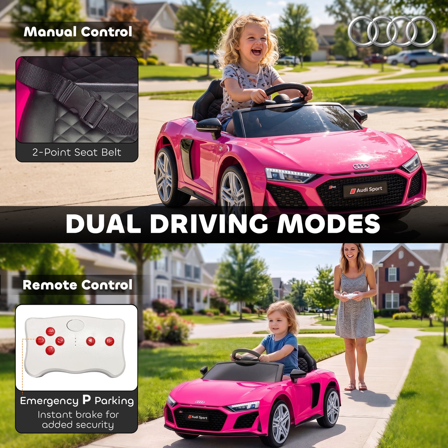 AIYAPLAY Licensed Audi R8 Spyder 12V Electric Car for Kids with Remote Control, Dual Motors, Rear Suspension, Soft Start, Pink