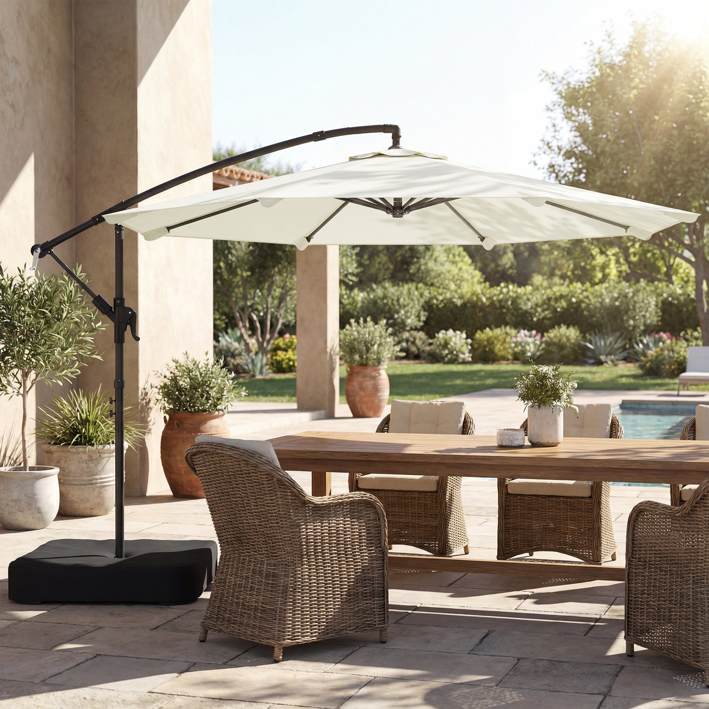 Outsunny 3 m Garden Cantilever Parasol with Cross Base, Sandbag, 360Â° Rotating Overhanging Banana Umbrella, Cream White