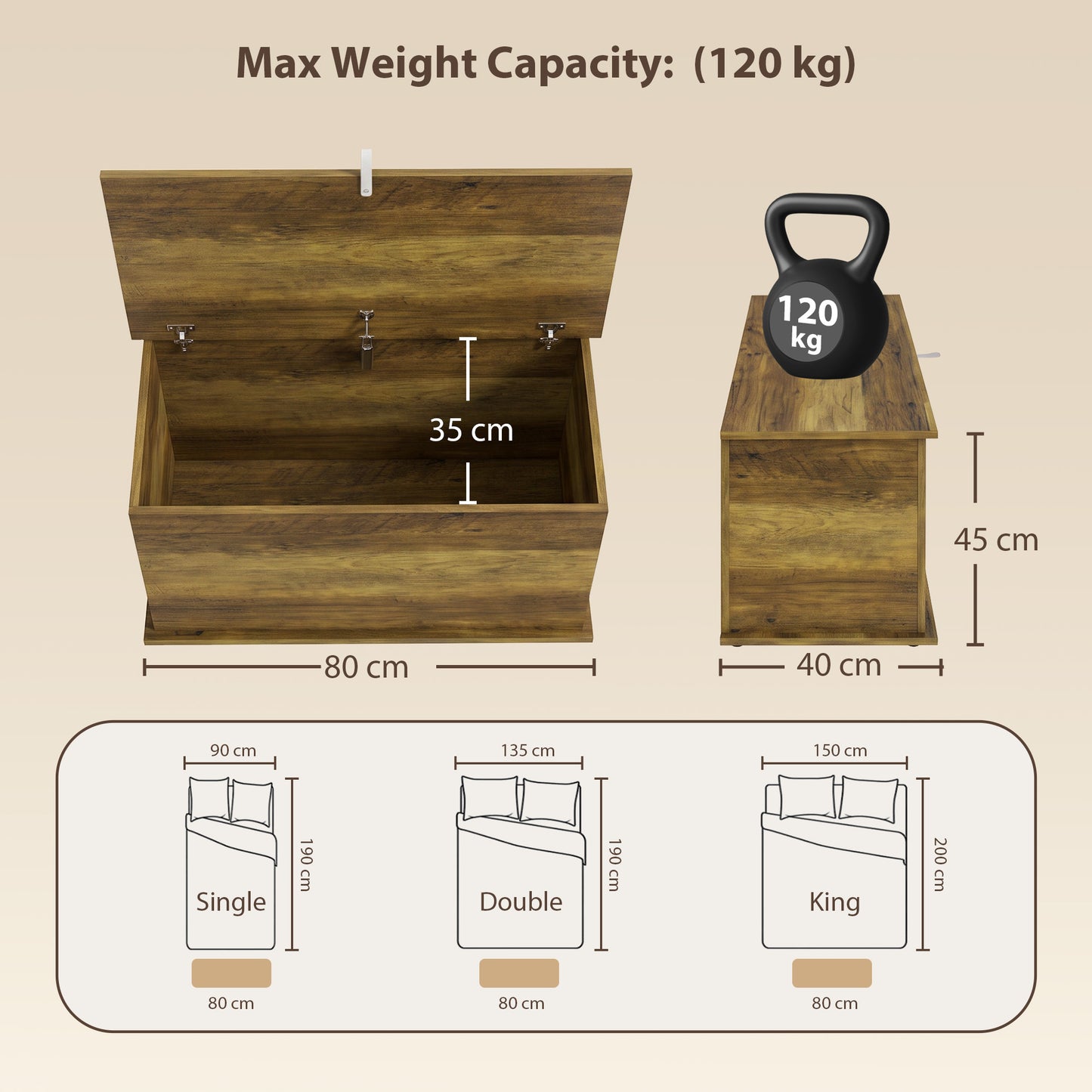 HOMCOM Storage Chest, 102L Blanket Box, Shoe Bench with Safety Hinged Lid, Bed End Bench for Bedroom, 80 x 40 x 45cm, Brown