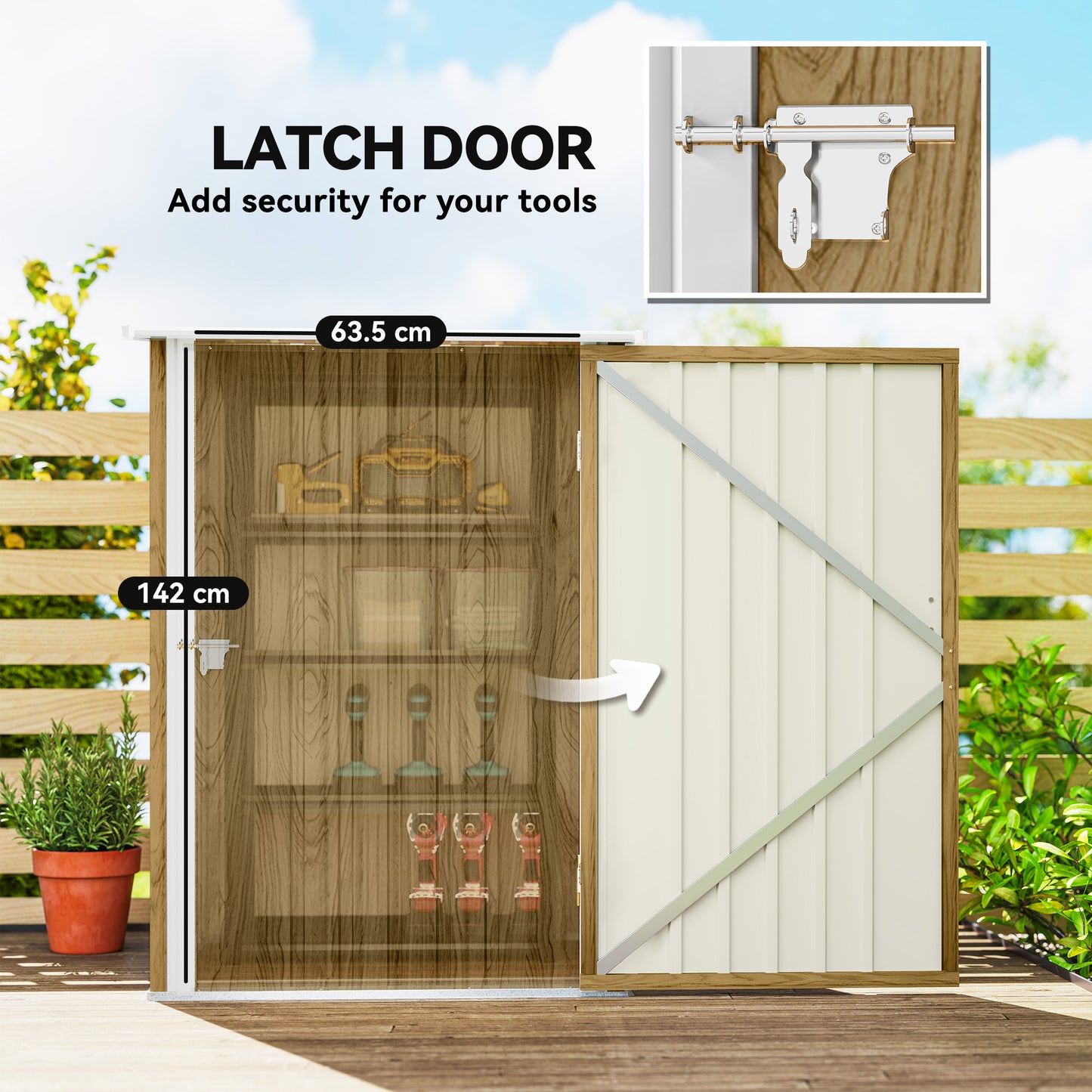 Outsunny 3.3 x 3.4ft Lean To Steel Garden Shed with Locking Door - Light Brown Wood Effect/White