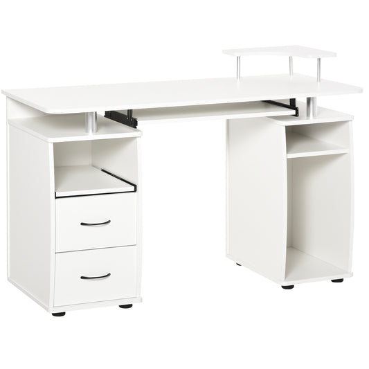 HOMCOM Home Study Desk Writing Table with Drawers, Writing Desk Study Table with Side Storage and Sliding Shelf, White