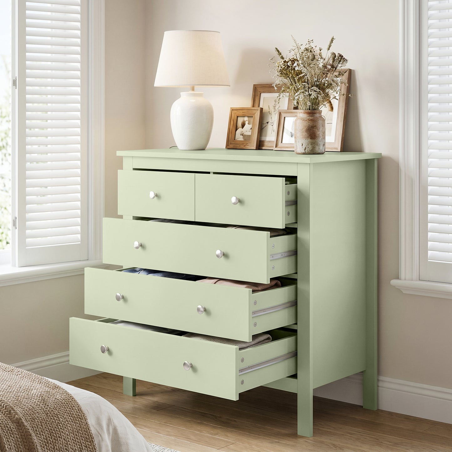 HOMCOM 5 Drawer Dresser for Bedroom, Modern Chest of Drawers, Wide Storage Unit for Living Room, Hallway, Sage Green
