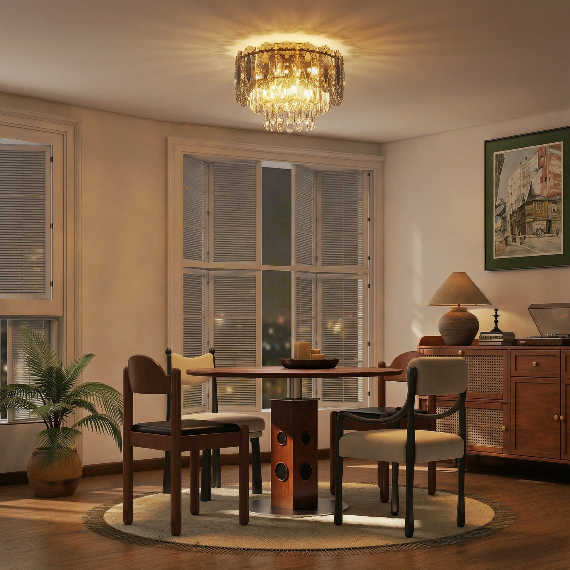 HOMCOM Chandelier Ceiling Light, 3-Light Vintage Flush Mount Fixture with Dual Crystal and Smoke Glass Shade, LED Ceiling Light for Living Room Bedroom, 3 E14 Sockets, Bulbs Not Included, Gold Tone
