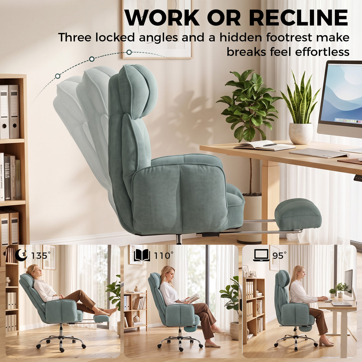 HOMCOM Executive Office Chair Height Adjustable Desk Chair Reclining Flip-up Armrest Footrest, Light Green