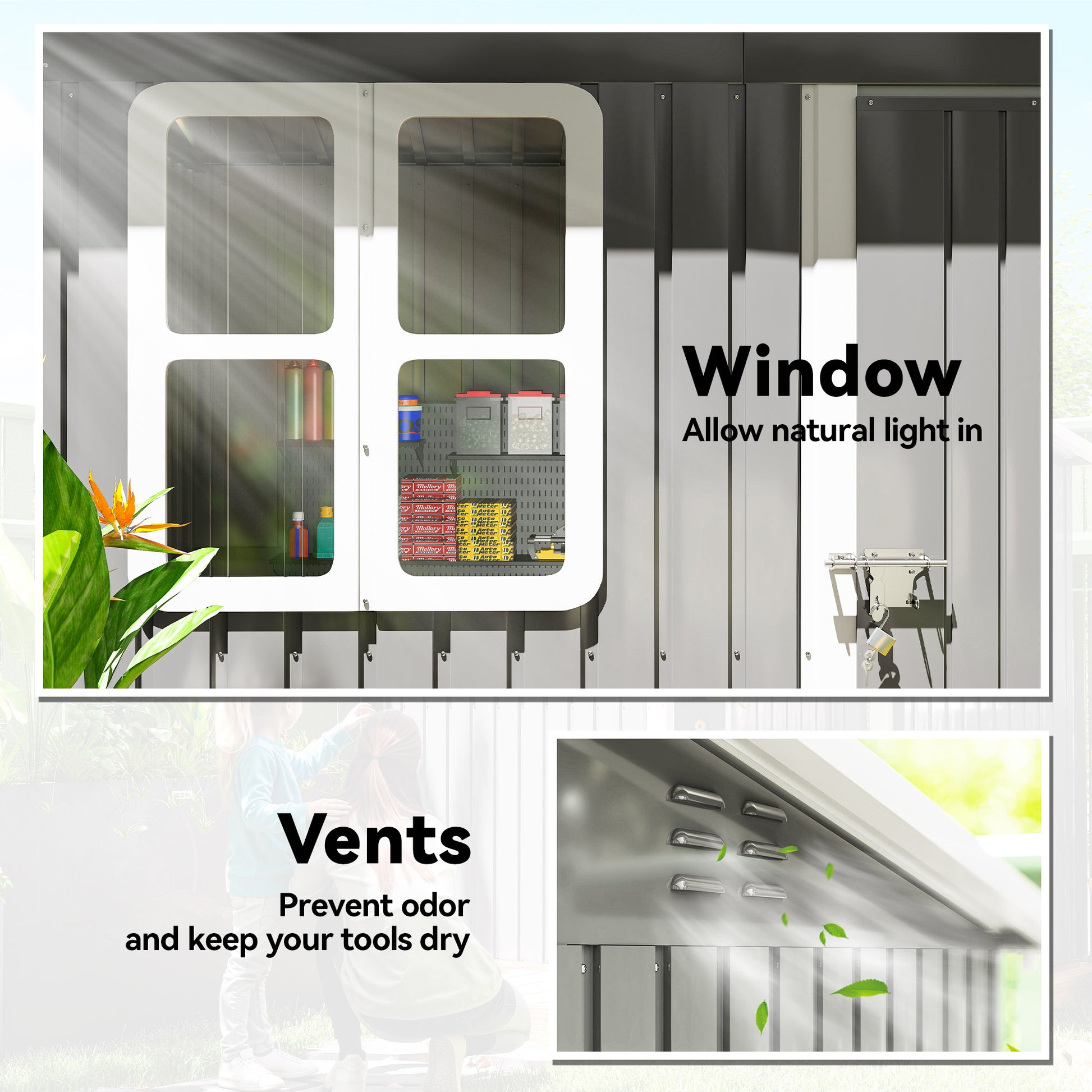 Outsunny 7 x 4ft Eco-friendly Galvanised Steel Garden Shed, with Lock and Gloves, 40kg/ãŽ¡ Snow Capacity - Grey