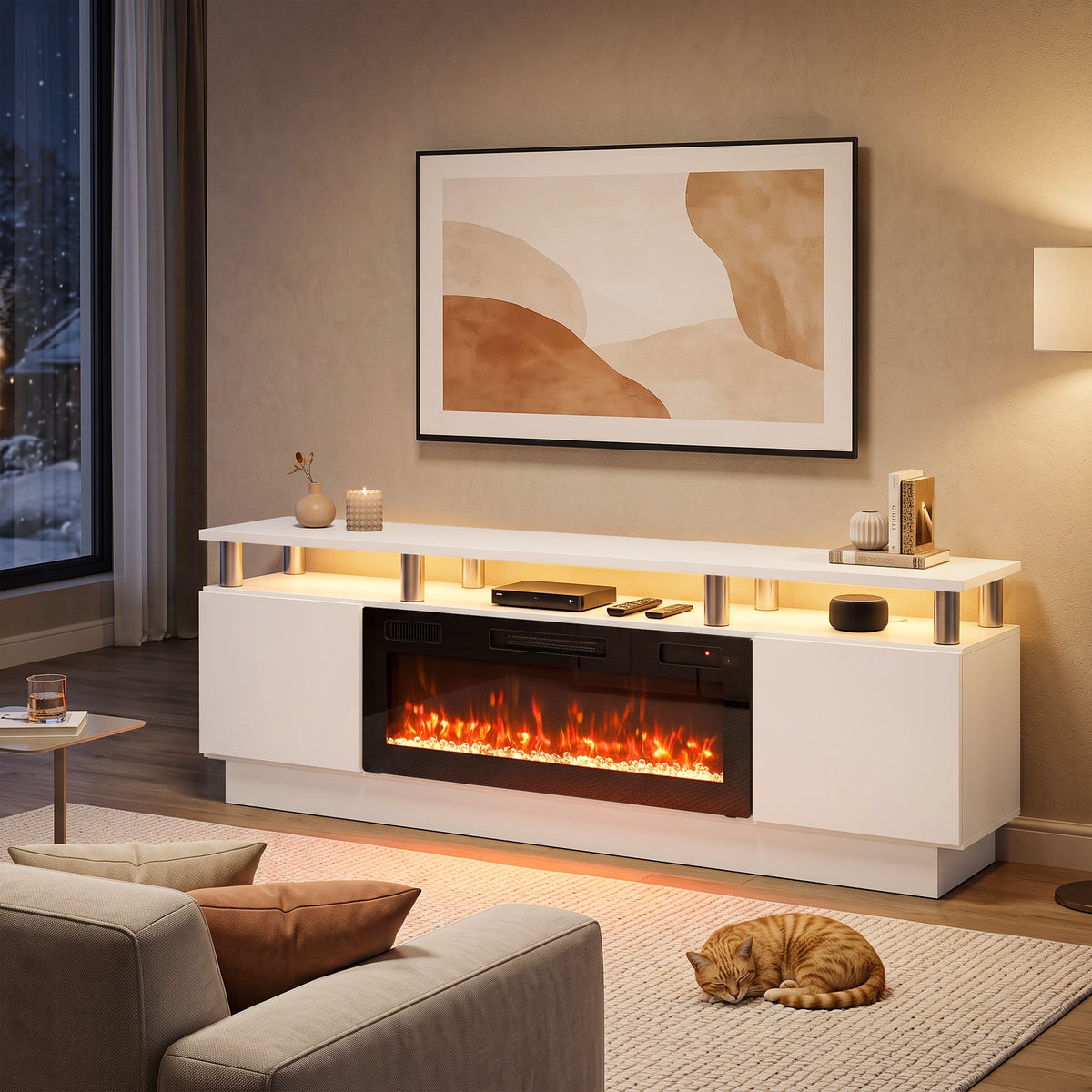 HOMCOM Electric Fireplace TV Stand for 80" TVs, 1800W LED Light Entertainment Center with Adjustable Flame, Remote, White