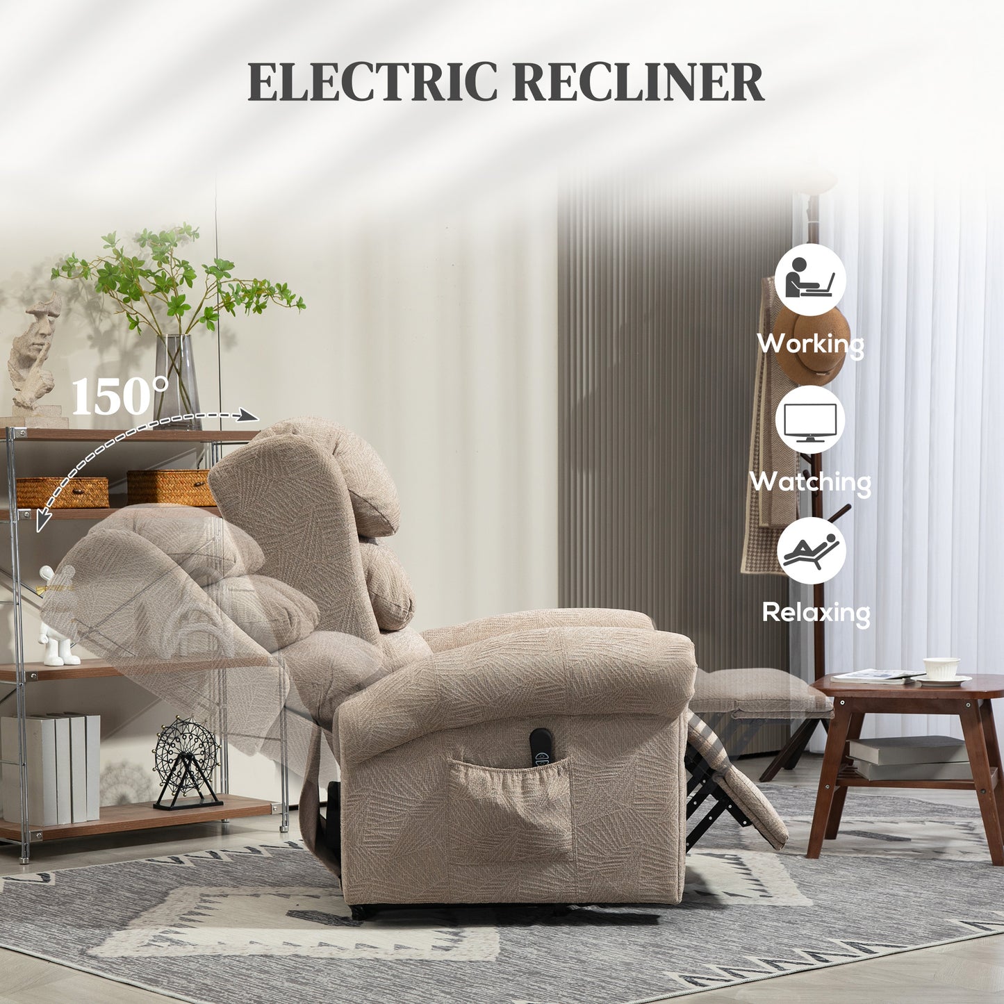 HOMCOM Velvet-Feel Electric Riser Recliner Chair - Khaki