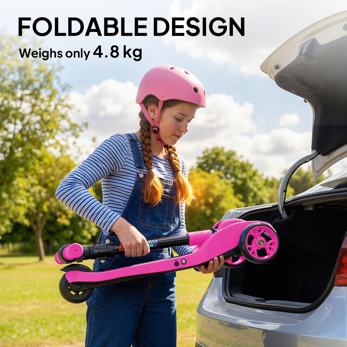 AIYAPLAY Three-Wheel Foldable Electric Scooter for Kids Aged 6-10 Years, Pink