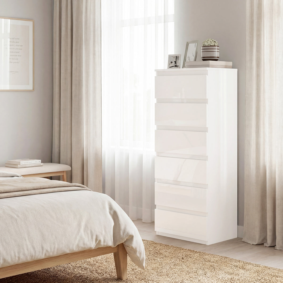 HOMCOM Chest of Drawers High Gloss Finish 6 Drawer Dresser Space Saving Slim Design Handle Free Drawers High-Gloss White