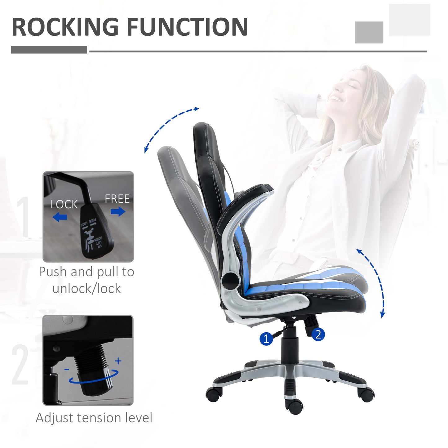 HOMCOM Computer Gaming Chair, Office Desk Swivel Chair, PU Leather Racing Chair with 90Â° Flip-up Armrest, Adjustable Height and Rolling Wheels, Blue