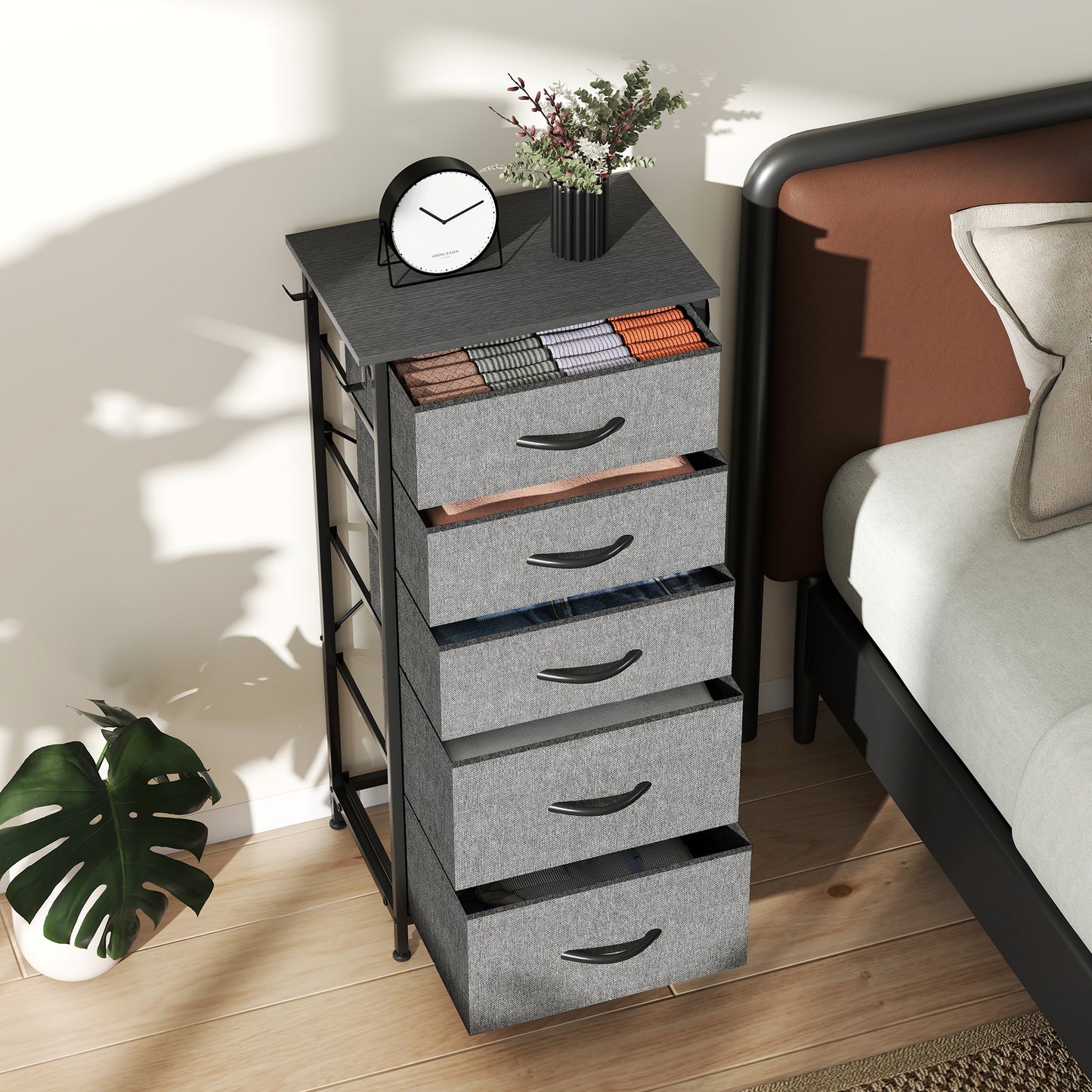 HOMCOM Chest of Five Fabric Drawers - Charcoal Grey