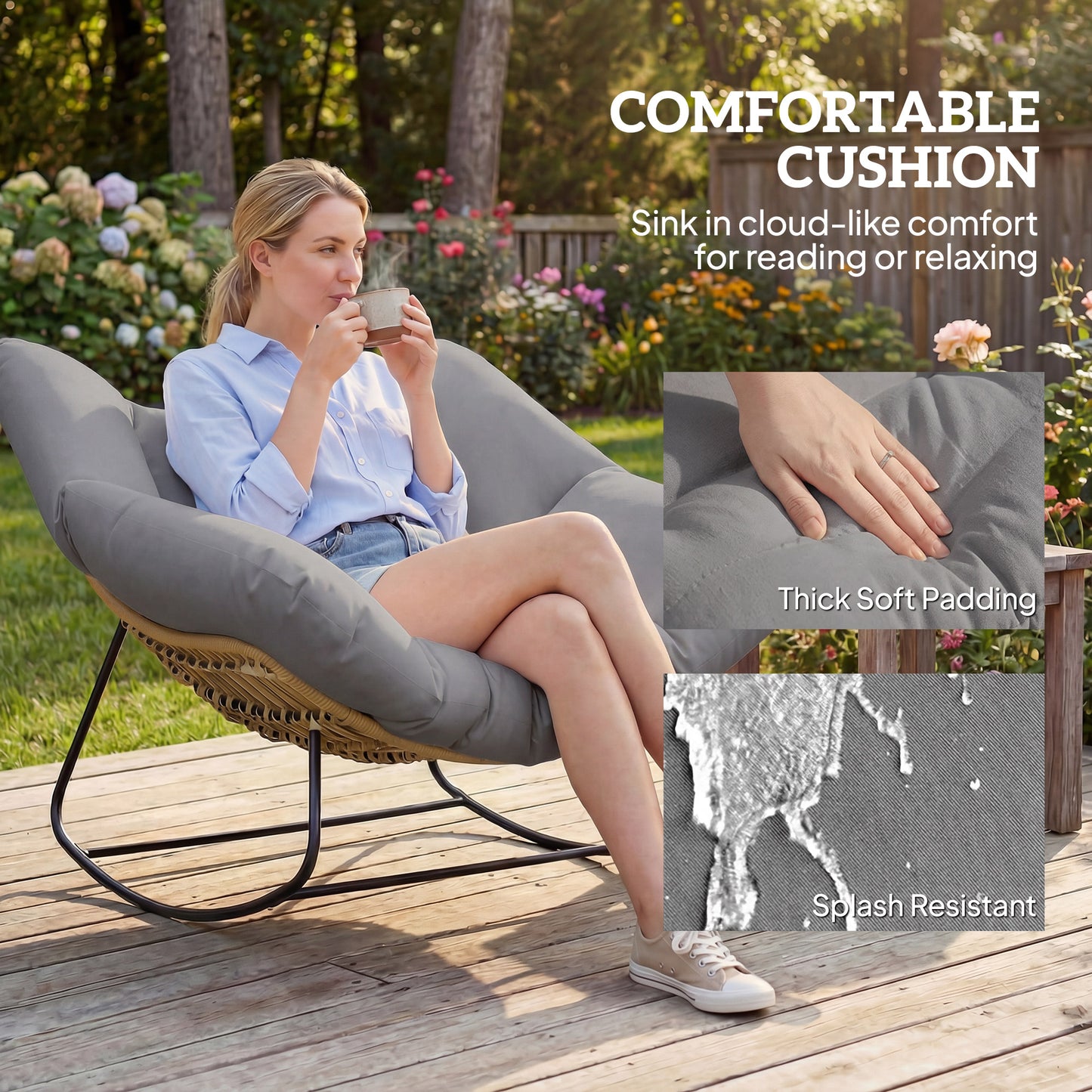 Outsunny Indoor Outdoor Rocking Chair, Oversized Rocking Egg Chair with Cushion for Living Room, Garden, Patio, Grey