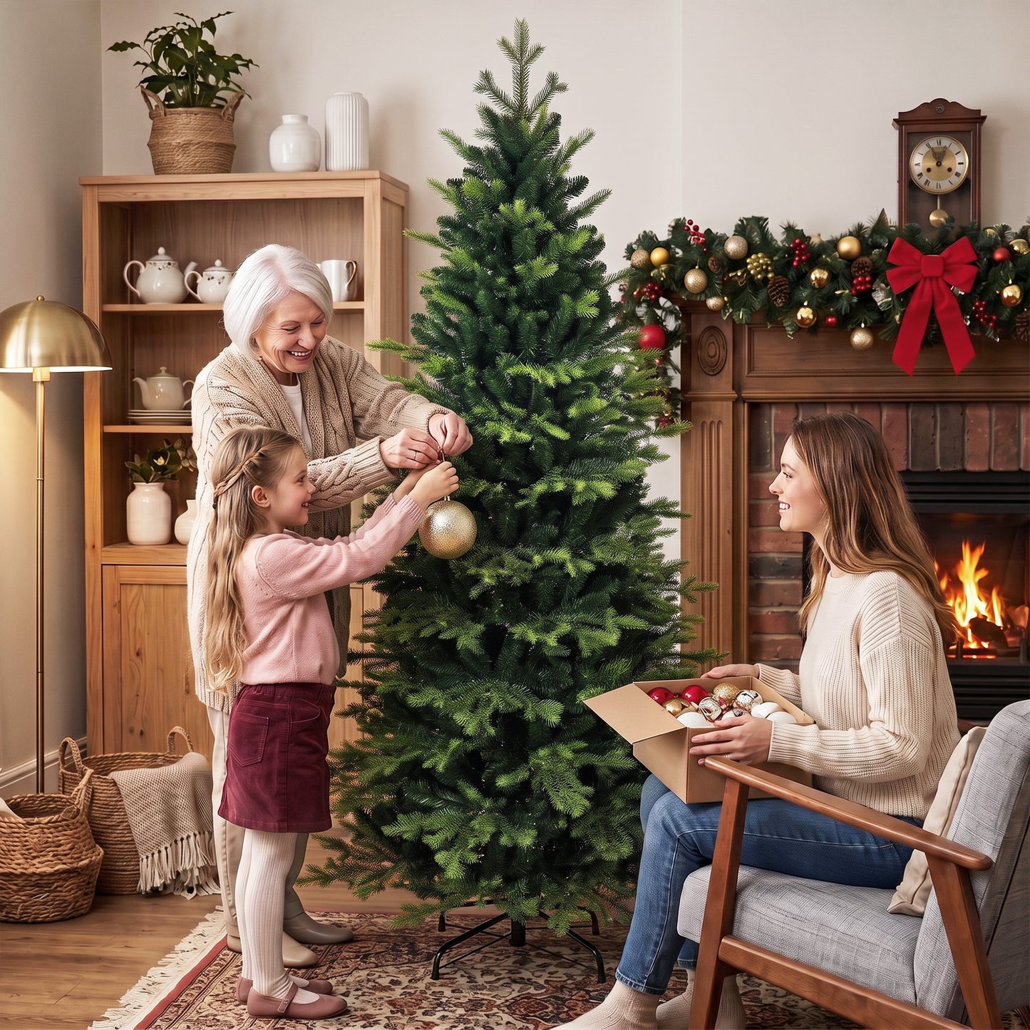 HOMCOM Geneva Fir Hinged Xmas Tree, 6ft/180cm Artificial Christmas Tree with 1610 Branch Tips, Foldable Steel Stand, Green