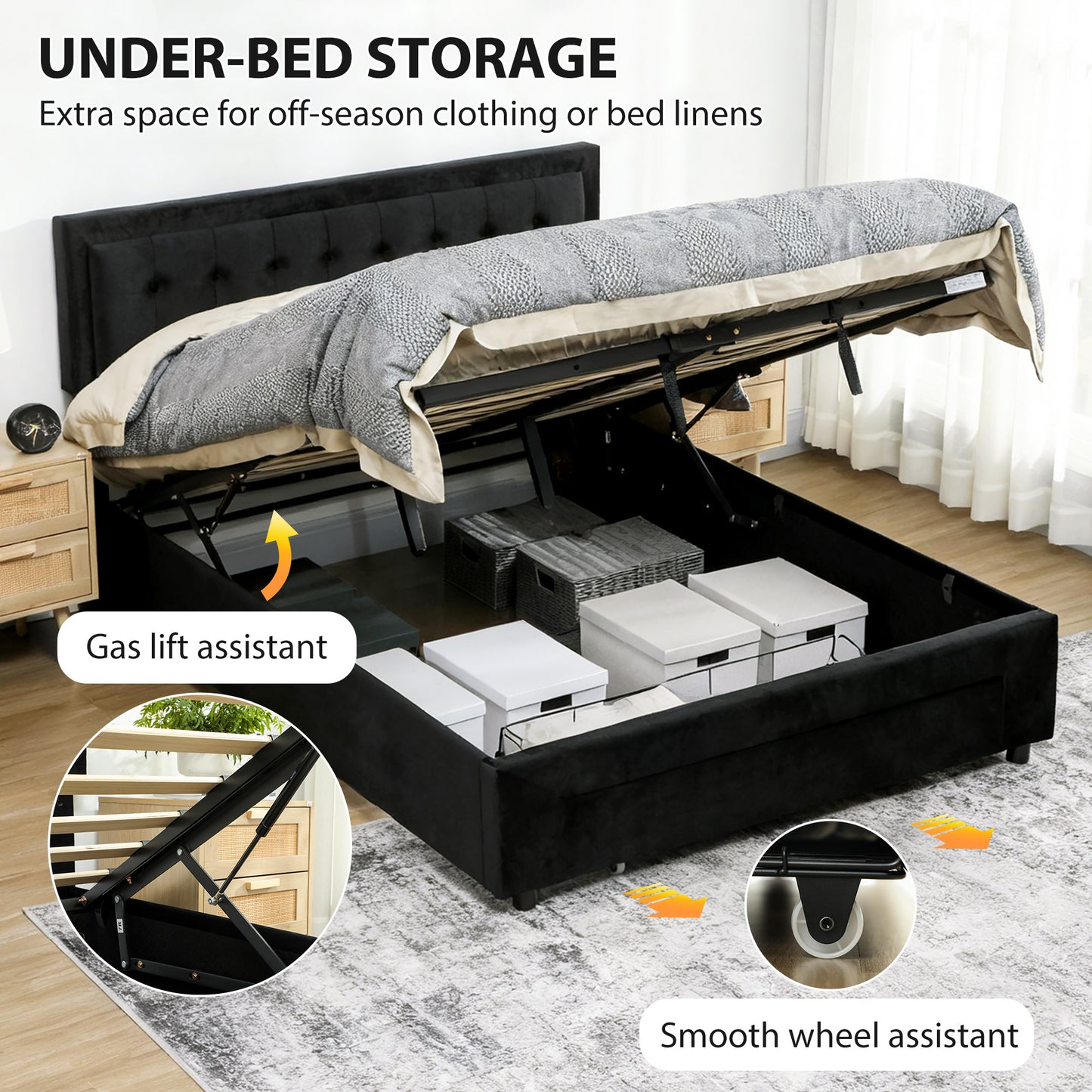 HOMCOM King Size Ottoman Bed Frame, with Front Drawer - Black