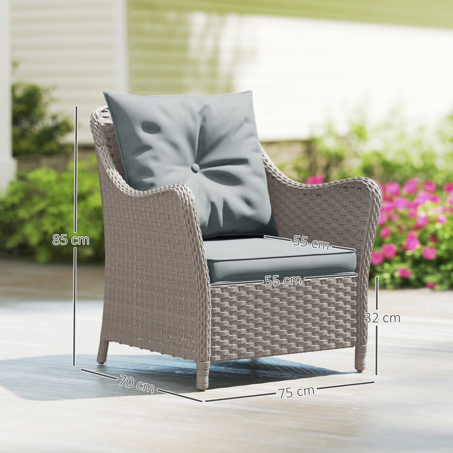 Outsunny Rattan Garden Chairs Set of 2, Outdoor Rattan Chairs with Cushions, Armrests and High Back, PE Wicker Garden Armchair with Steel Frame for Balcony, Porch, Light Grey