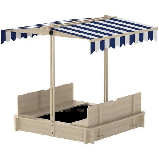 Kids Wooden Sand Pit with Lids Children Sandbox Height Adjustable Canopy for Garden, Convertible Bench Seat Outdoor Backyard Playset, Blue and White Canopy
