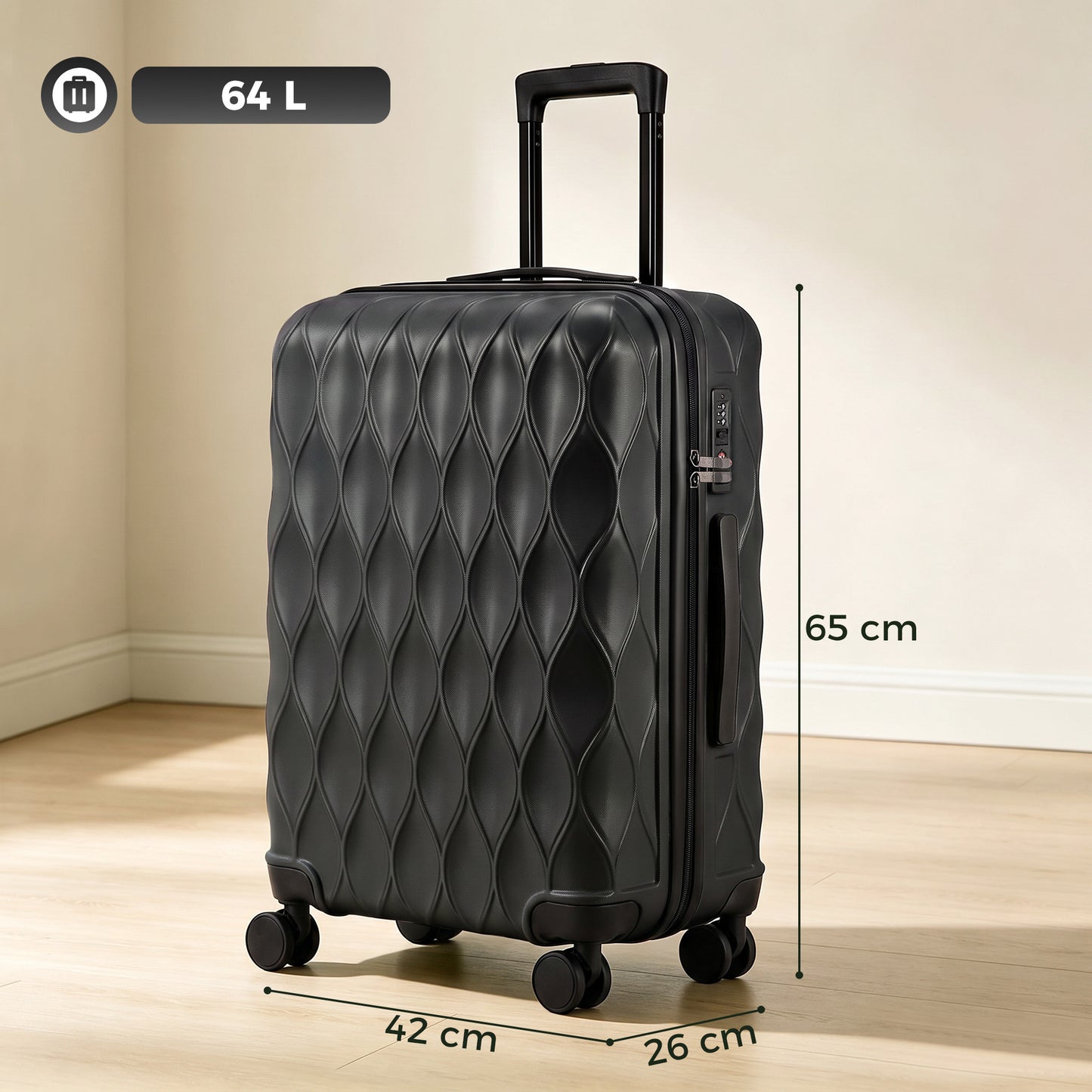 HOMCOM 65cm 64L Suitcase, Lightweight ABS Hard Shell Carry On Luggage with TSA Lock, Spinner Wheels, Telescopic Handle, Black