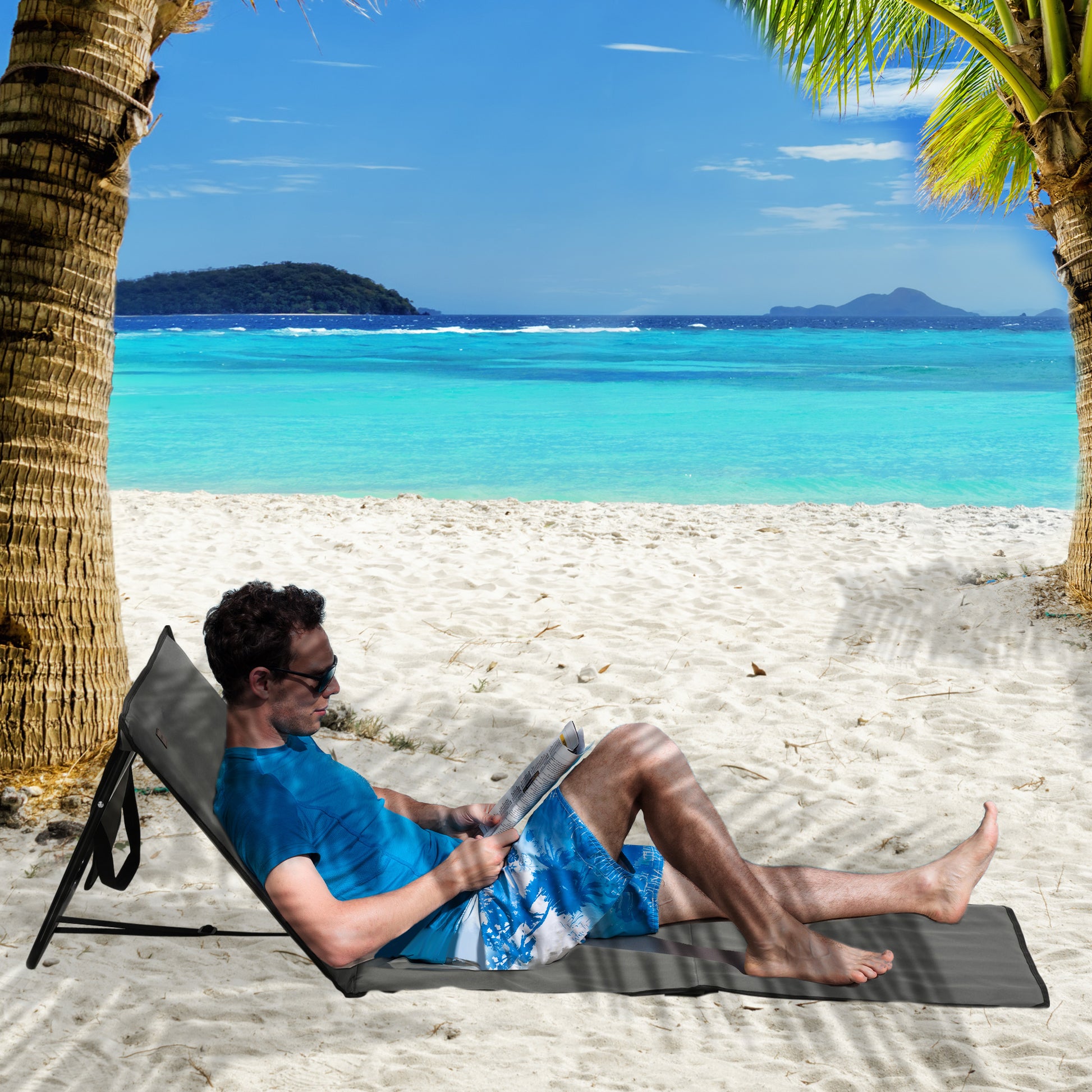 Outsunny Set of 2 Foldable Garden Beach Chair Mat, Outdoor Sun Lounger Seats with Adjustable Back, Magazine Pocket, Carry Bag