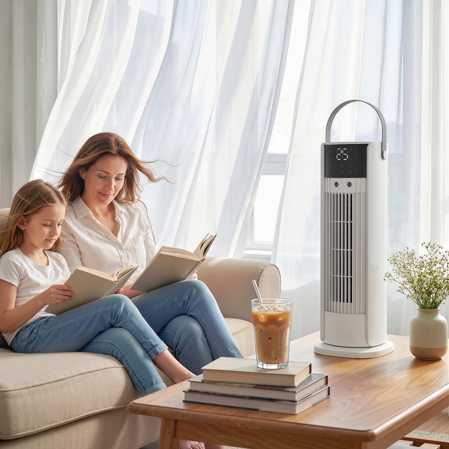 HOMCOM Tower Fan for Bedroom, 16 Inch Mist Desktop Fan with DC Motor, 3 Speeds, 90Â° Oscillation, 10H Timer, for Home Office