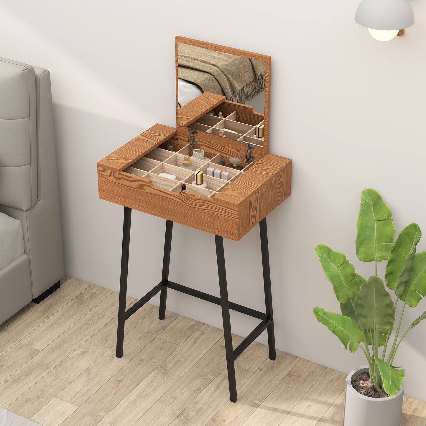 HOMCOM Vanity Desk with Flip-Up Mirror, Industrial Dressing Table with 16 Small Compartments for Bedroom, Natural Wood Effect