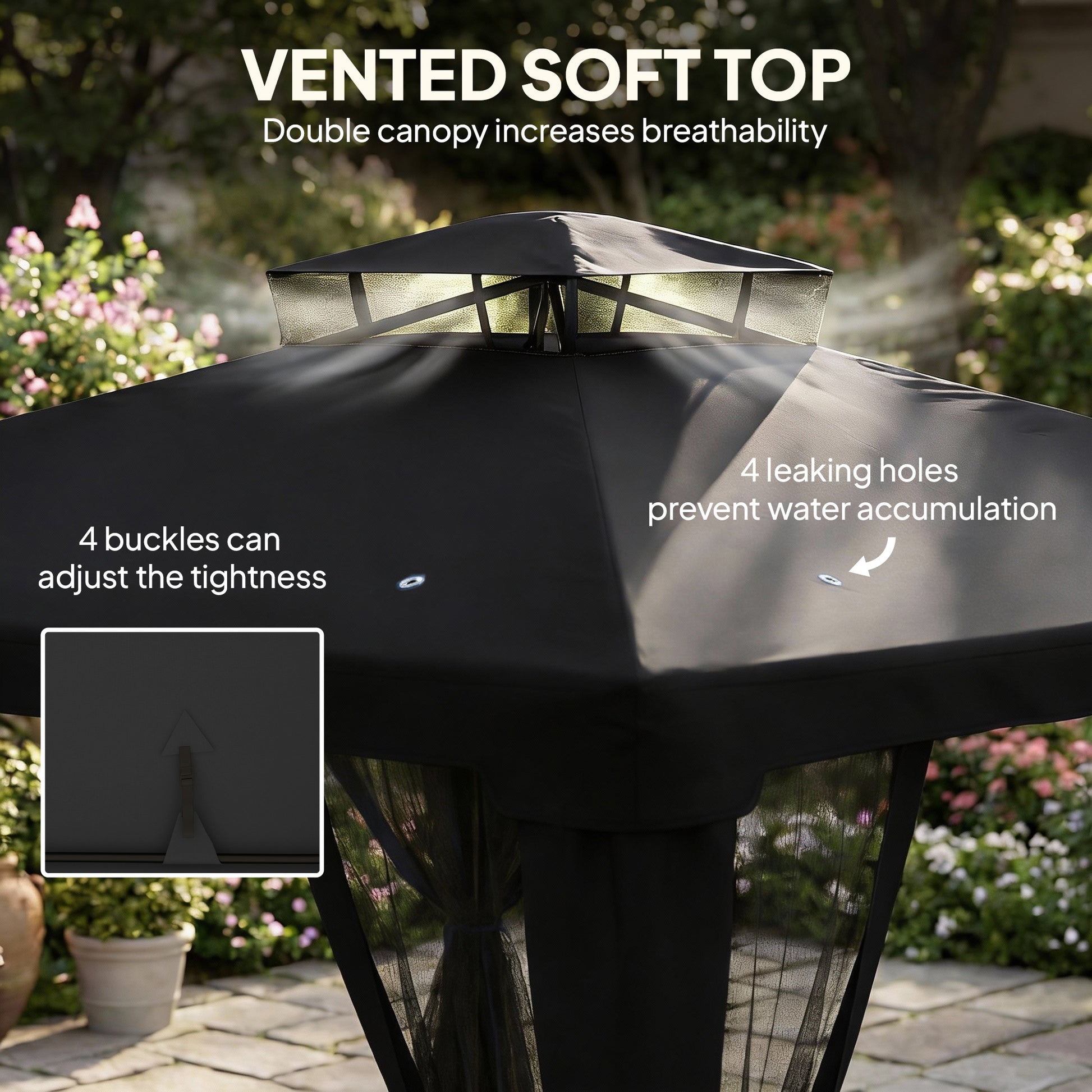 Outsunny 3 x 3 m Metal Gazebo, Garden Pavillion, DoubleÂ Roof Outdoor Canopy Shelter with Mesh Sidewalls, Black