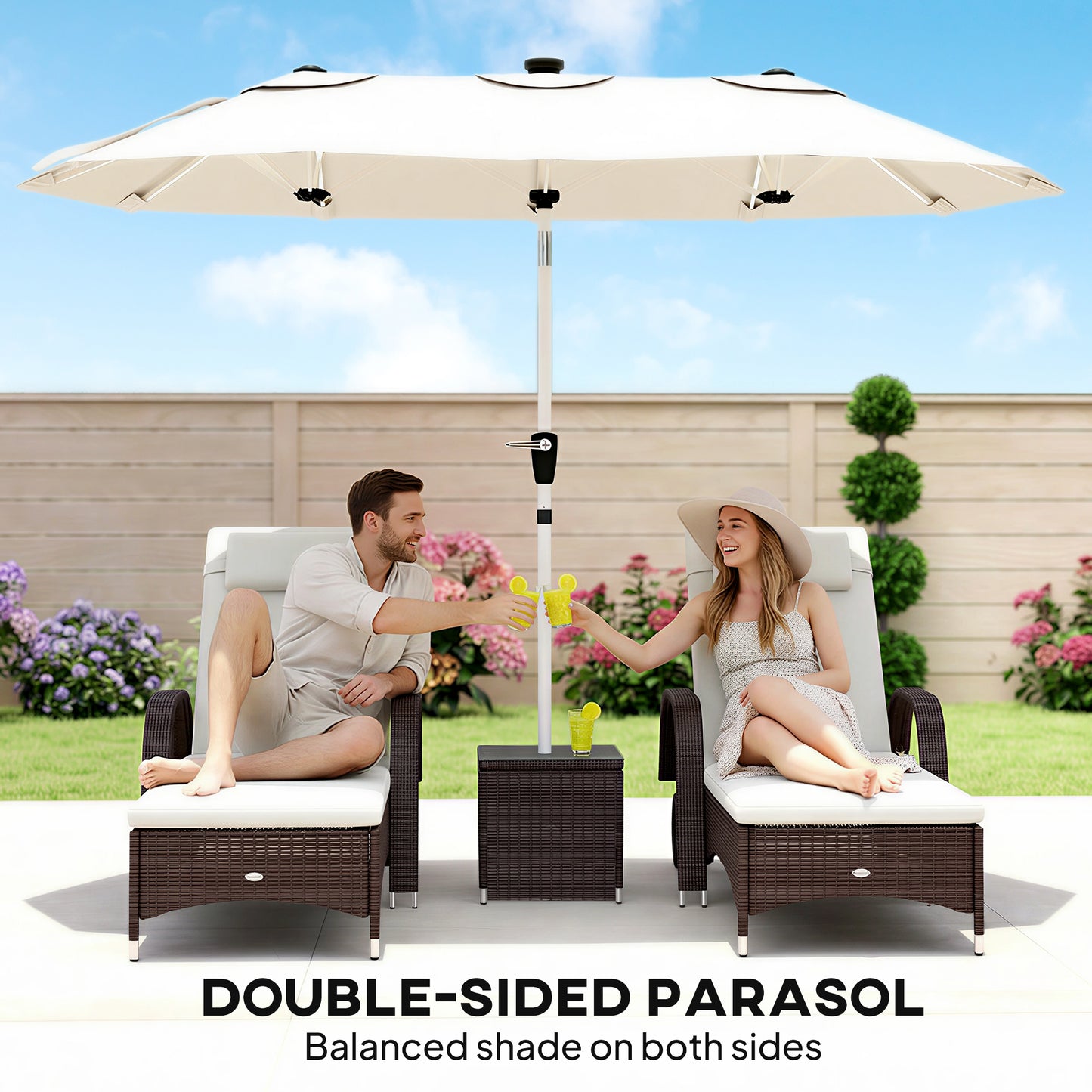 Outsunny 3 m Double-Sided Garden Parasol with LED Solar Lights, Outdoor Extra Large Sun Umbrella with Crank Handle, Cream White
