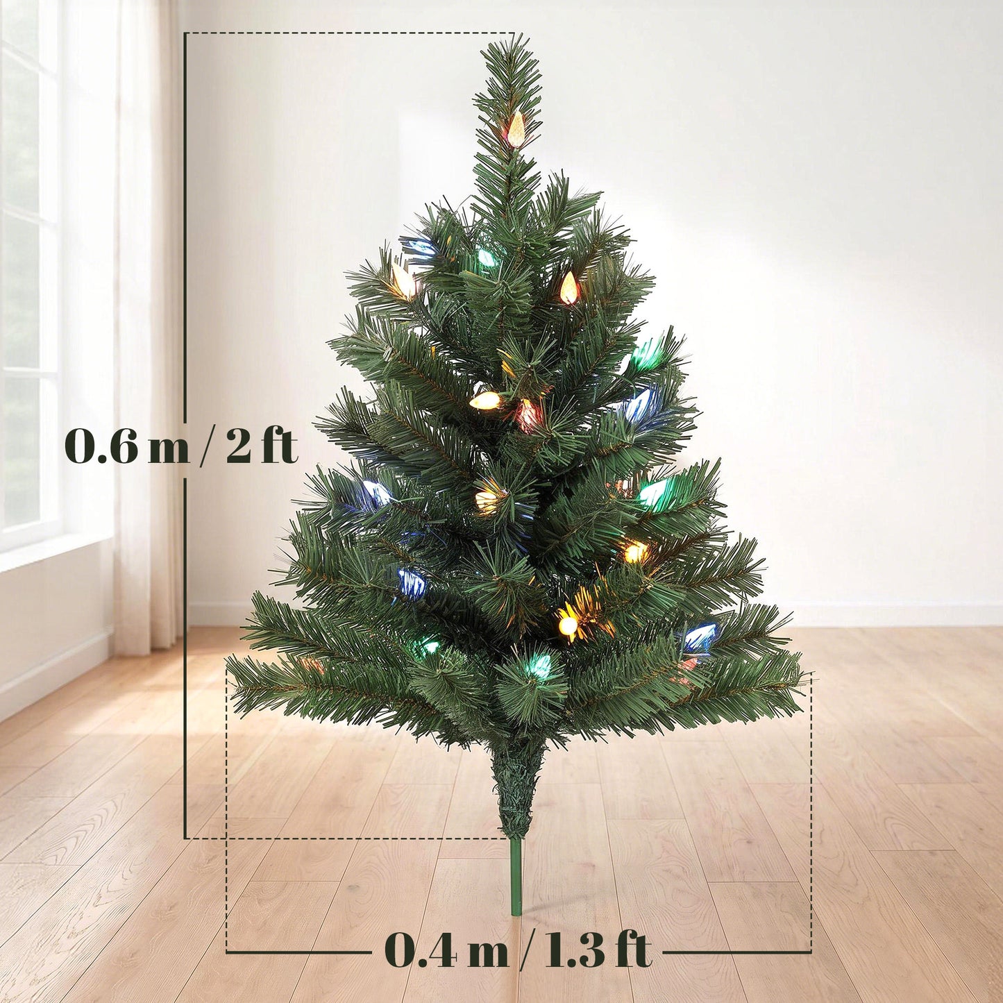 HOMCOM 60 cm Prelit Christmas Tree, 2 Packs Artificial Christmas Trees with 60 Colourful LED Lights, 130 Tips, Green