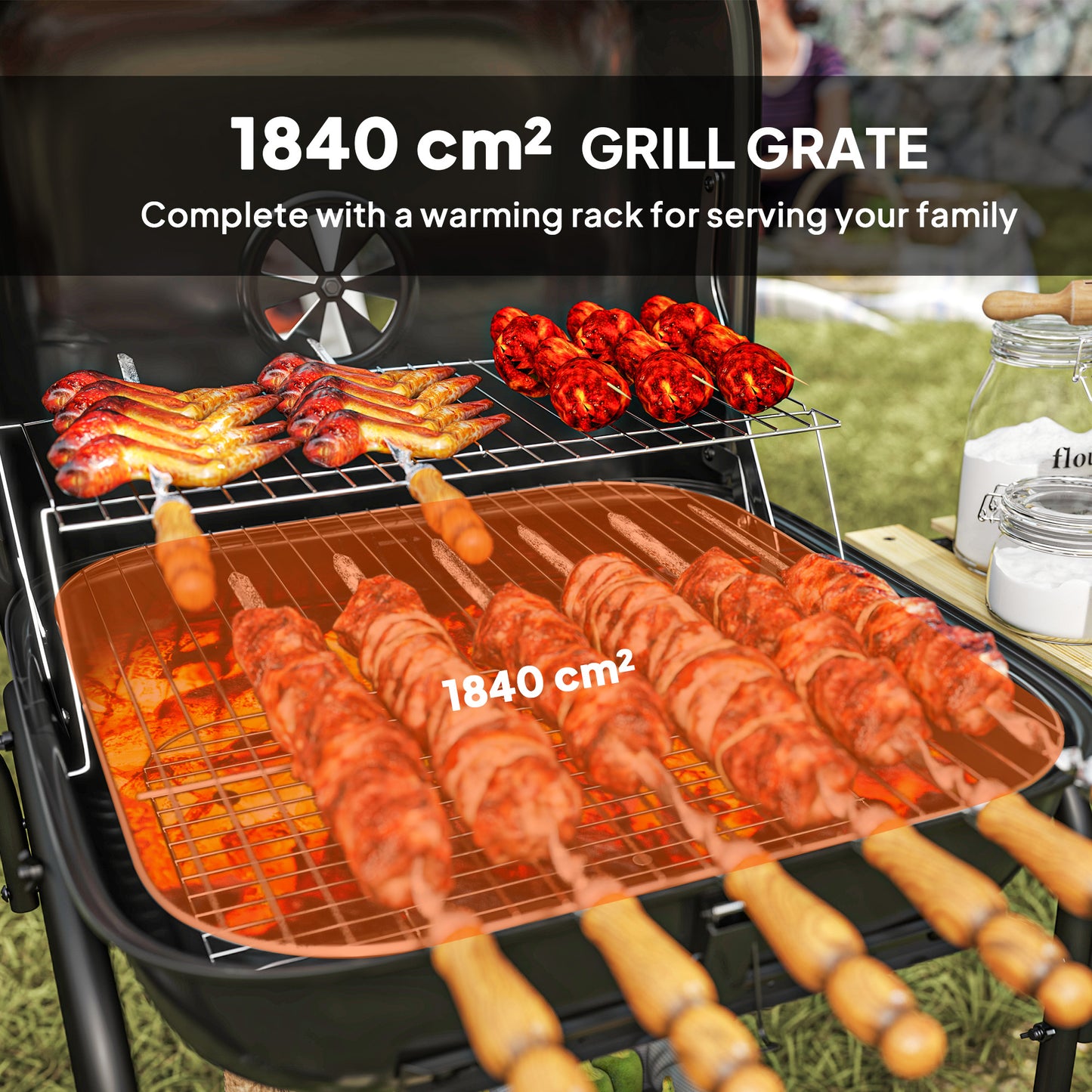 Outsunny Charcoal Barbecue Grill Portable BBQ Grill with 1840 cmÂ² Cooking Area, 3 Shelves, Adjustable Vent, Lockable Lid, Wheels for Outdoor Cooking, Garden Party, Black