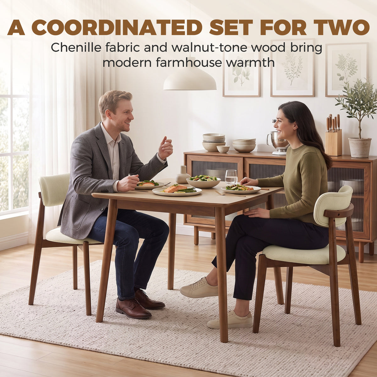 HOMCOM Dining Chairs Chenille Upholstered Kitchen Chairs Curved Backrest Rubberwood Legs Beige