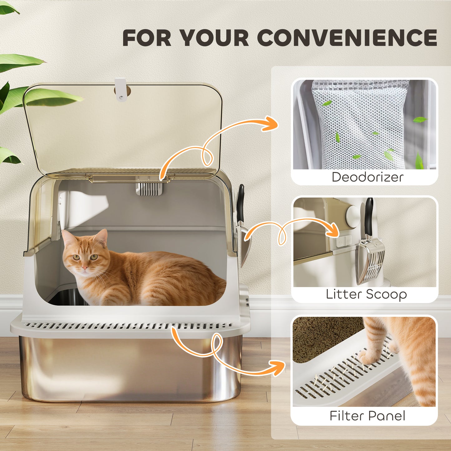 PawHut XXL Stainless Steel Cat Litter Tray, Enclosed Cat Litter Box with 90Â° Flip Cover, Double Doors, Scoop, Easy Clean, Grey