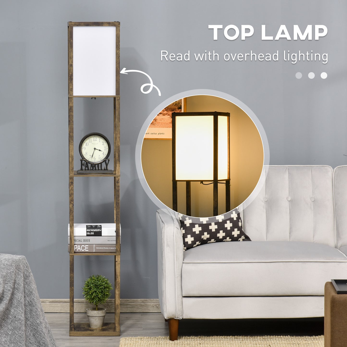 HOMCOM 3-Tier Floor Lamp, Floor Light with Storage Shelf, Reading Standing Lamp with Acrylic Shade for Living Room, Bedroom, Kitchen, Dining Room, Office, Dorm, 160cm, Brown