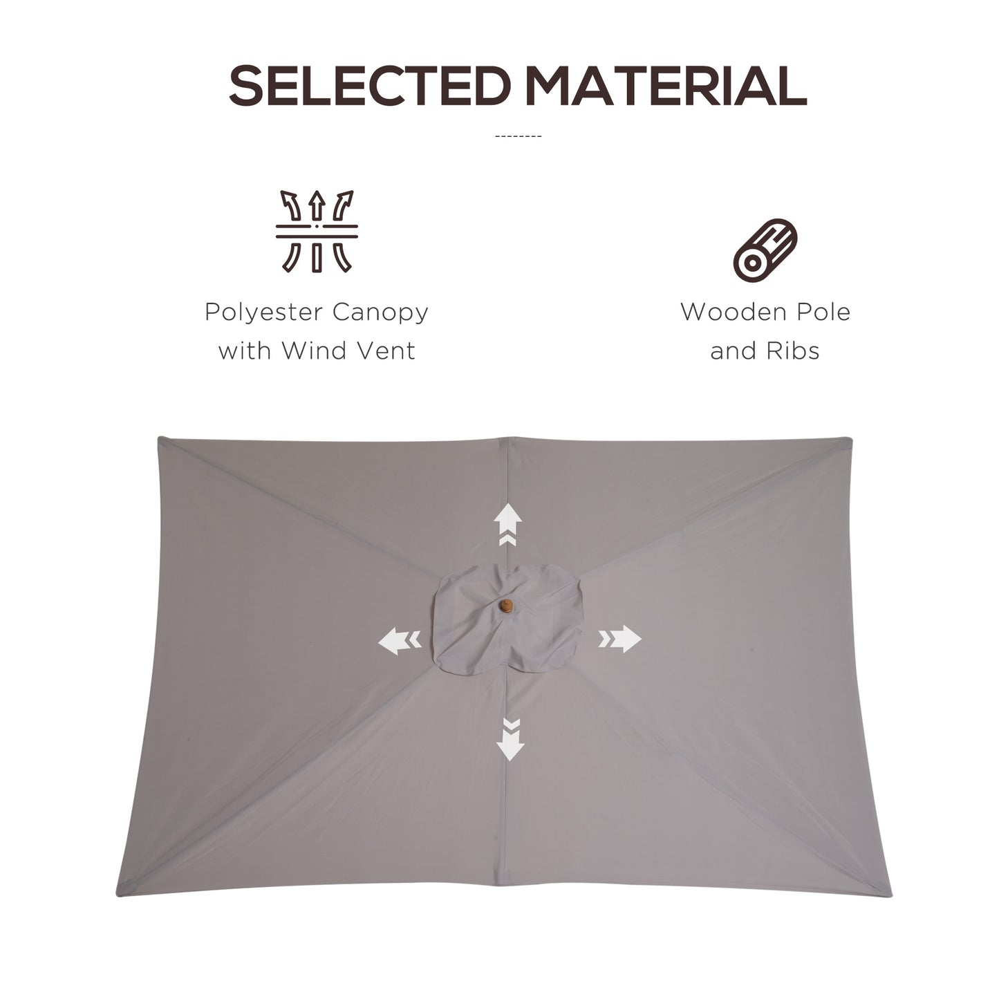 Outsunny 2 x 3m Wooden Garden Parasol Umbrella Outdoor Sun Shade Canopy, Table Market Umbrella with Vent, 38 mm Pole, Rope Pulley Mechanism, Light Grey