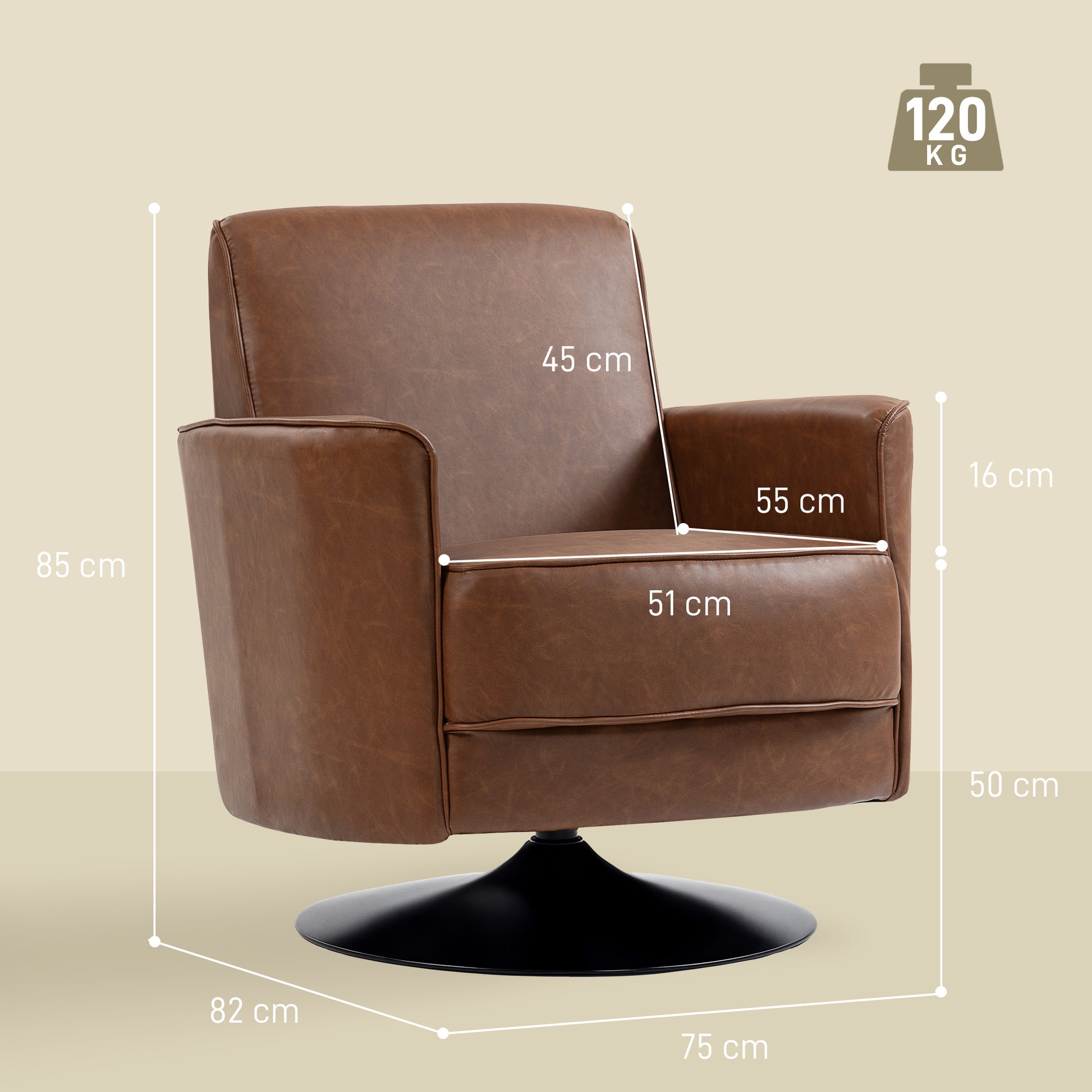 HOMCOM Upholstered Swivel Accent Chair with Pocket Spring Seat Support and 20cm Thick Padding, Brown