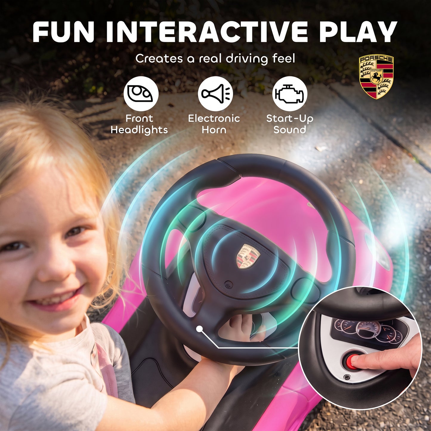 AIYAPLAY Ride on Car, Porsche Licensed Toddler Push Car with Horn, Headlights, Sound and Steering Wheel for 18-36 Months, Pink