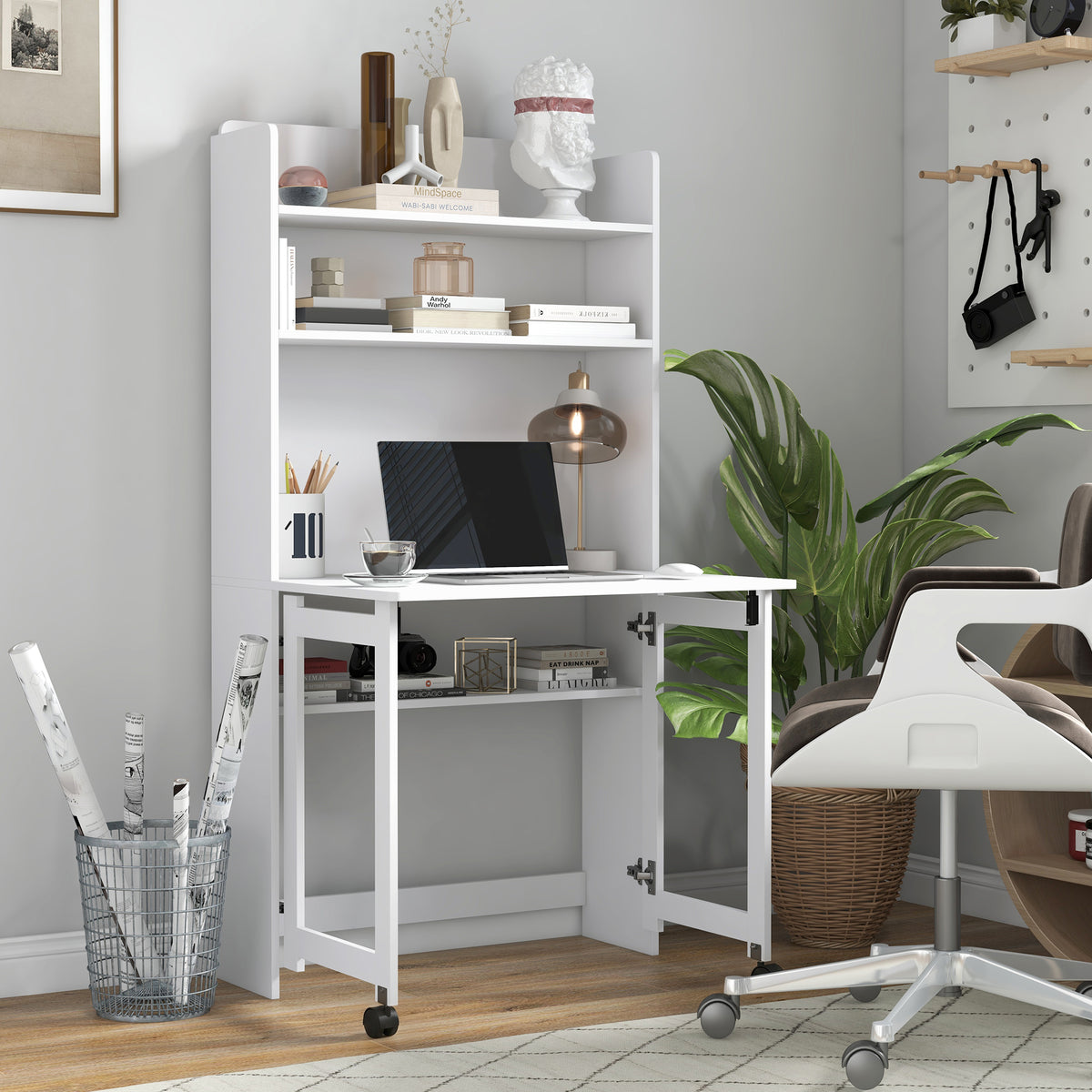 HOMCOM Foldable Desktop, Computer Desk with Storage Shelves, 80 x 69 x 155 cm, White