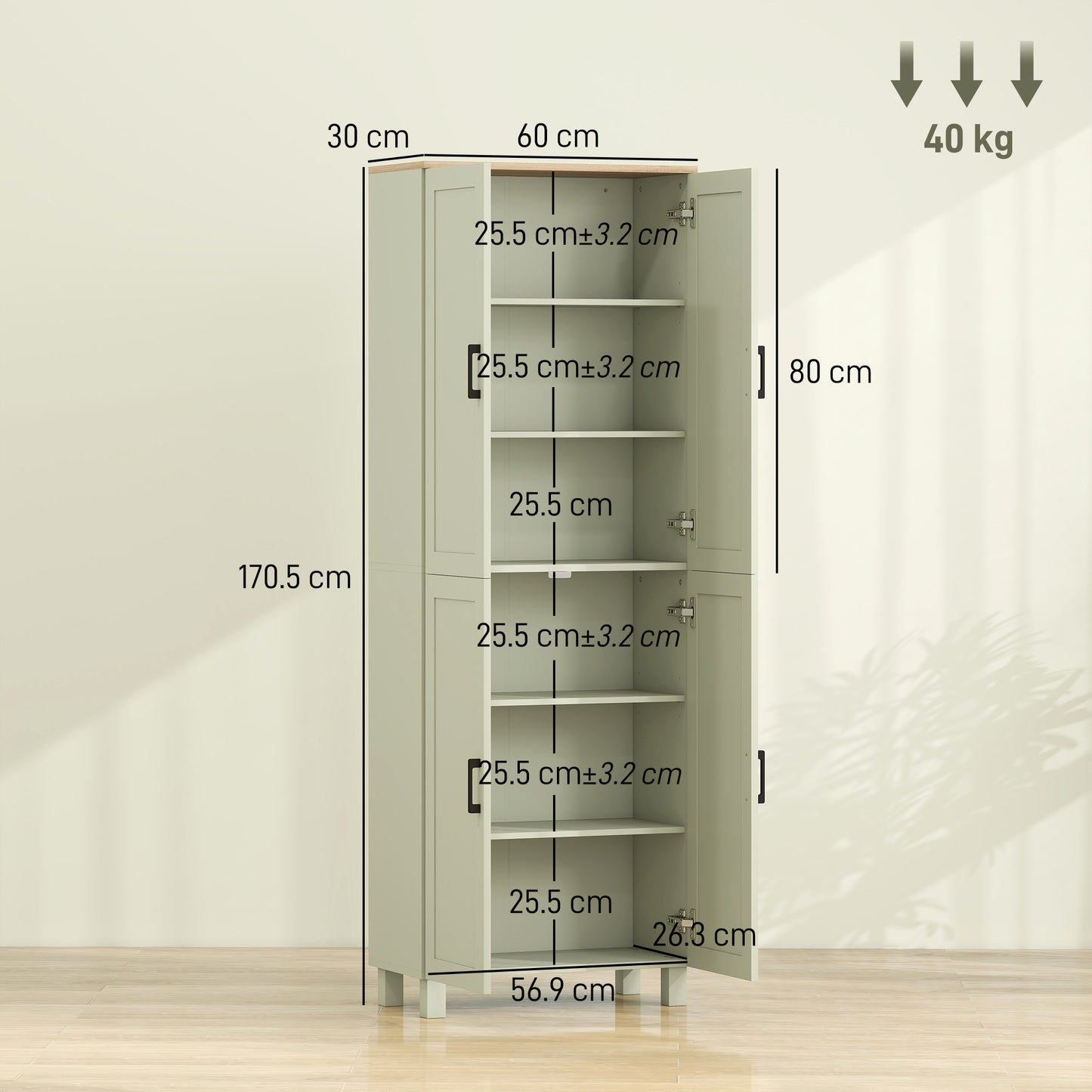 HOMCOM Freestanding Kitchen Cupboard, 4-Door Storage Cabinet with Adjustable Shelves, Modern Kitchen Pantry, 170cm, Green