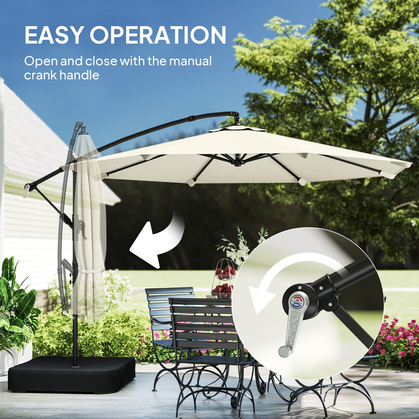 Outsunny 3 m Garden Cantilever Parasol with Cross Base, Sandbag, 360Â° Rotating Overhanging Banana Umbrella, Cream White