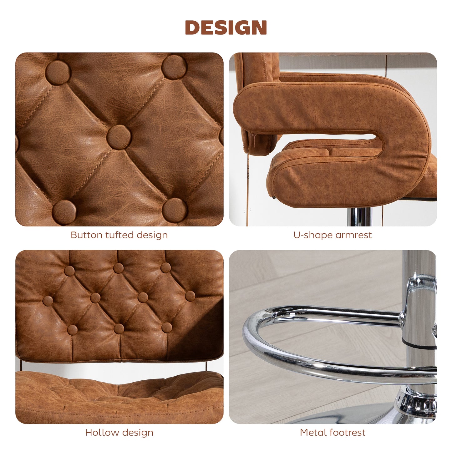 HOMCOM PU Leather Upholstered Swivel Bar Stool, Height Adjustable with Back, Armrest, Footrest, Brown