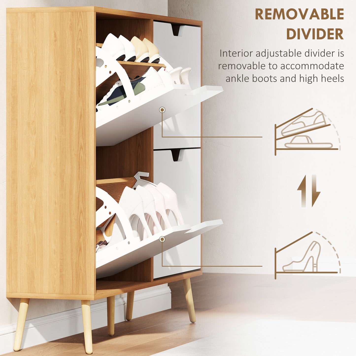 HOMCOM Shoe Storage Cabinet, 4 Flip Drawers, Shoe Organizer for 8-16 Pairs of Shoes, Natural