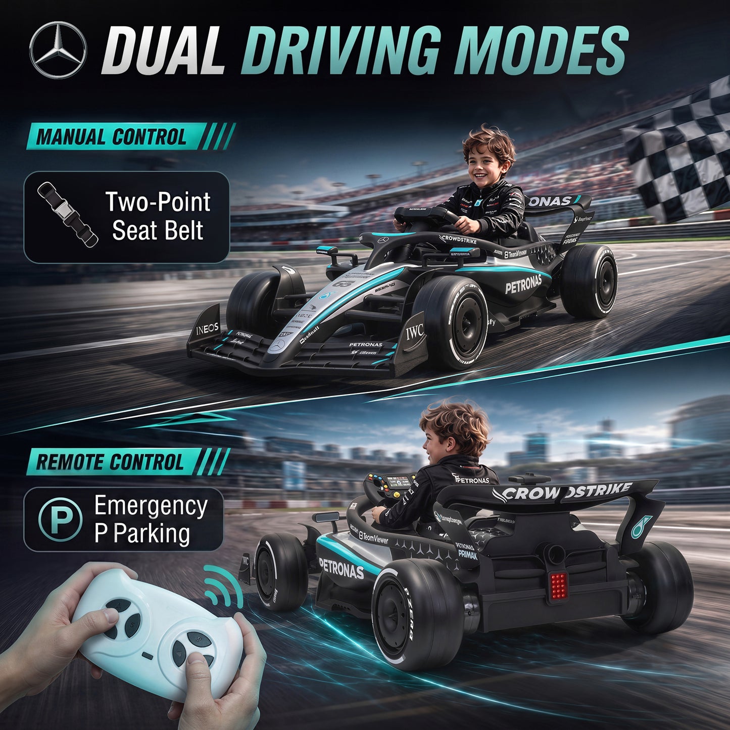 AIYAPLAY Licensed Mercedes-AMG PETRONAS F1 12V Electric Go Kart for Kids with Remote, Rear Suspension, Soft Start and 3 Speeds