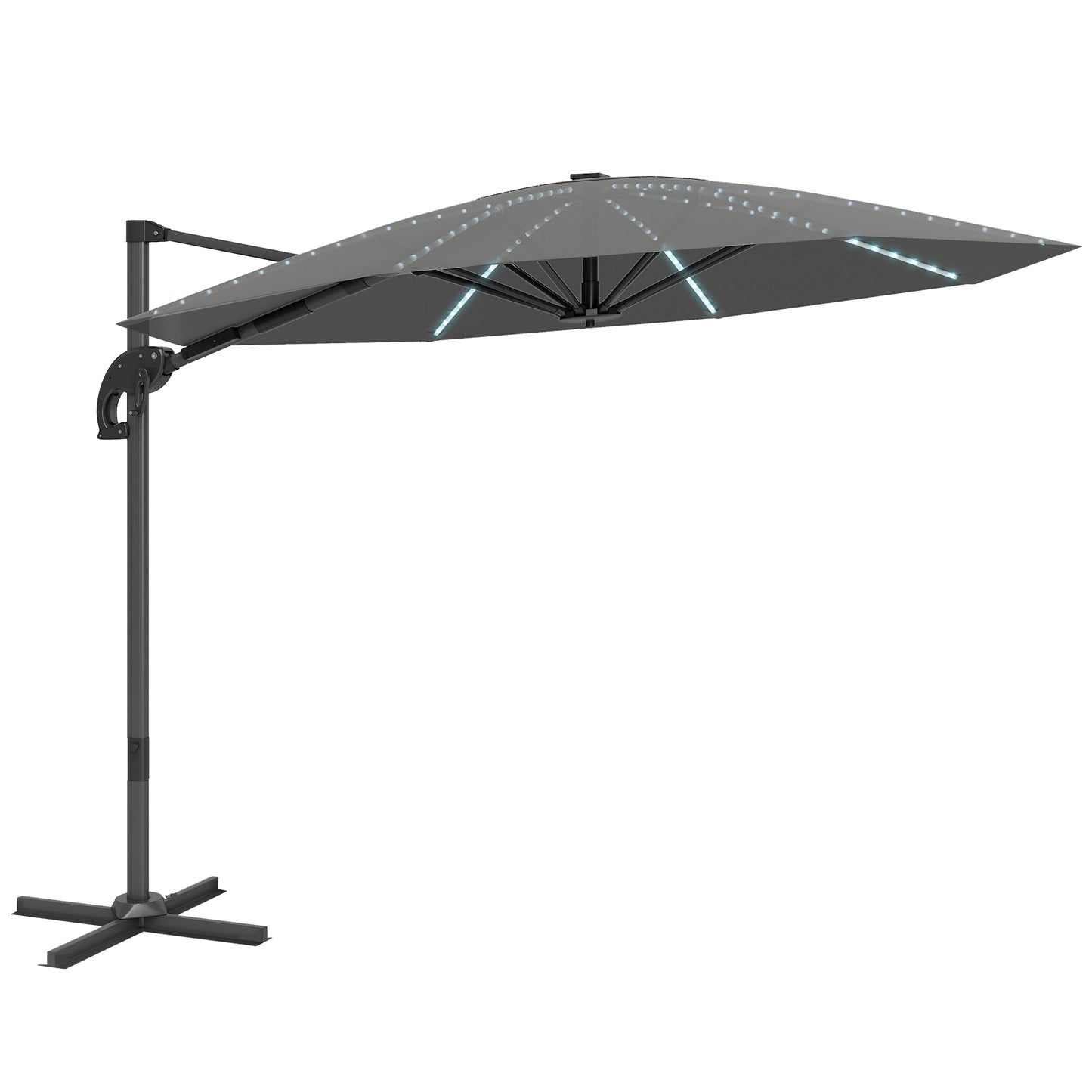 Outsunny 3(m) Cantilever Garden Parasol with Solar Powered Lights, Crank Handle & Cross Base, UPF 50+, 360Â° Rotation, Dark Grey