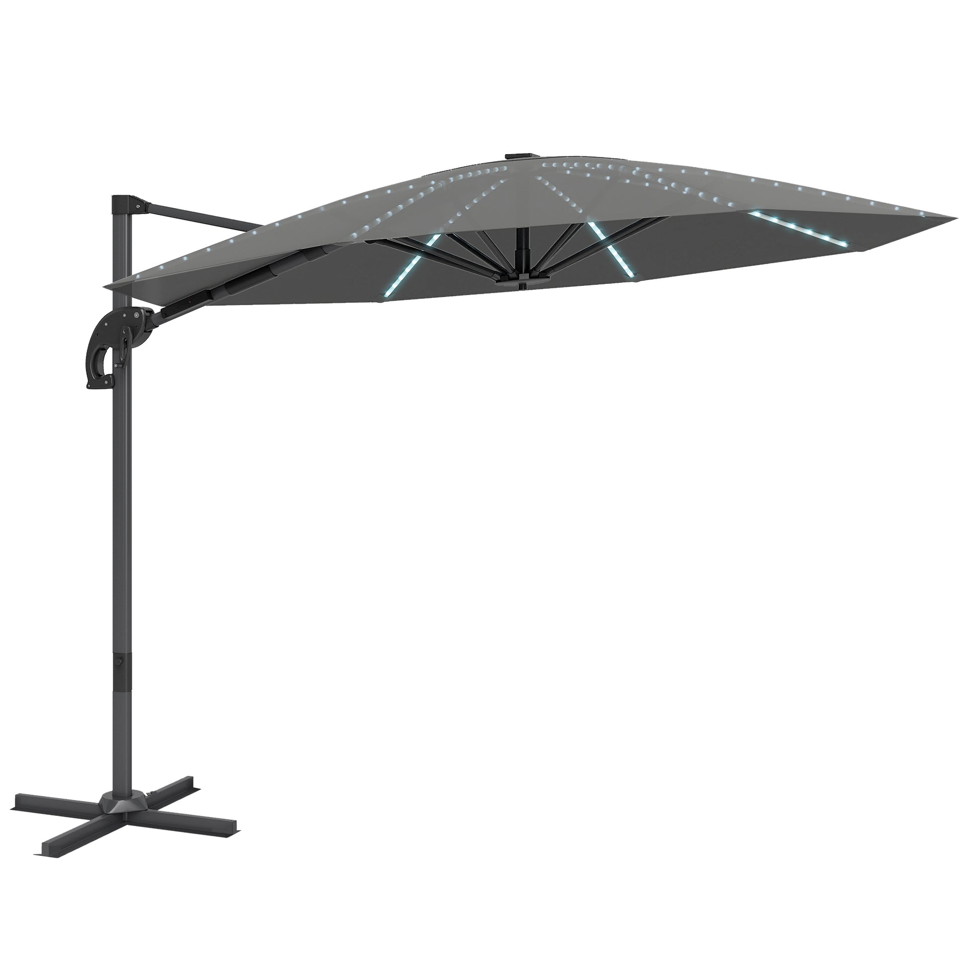 Outsunny 3(m) Cantilever Garden Parasol with Solar Powered Lights, Crank Handle & Cross Base, UPF 50+, 360Â° Rotation, Dark Grey