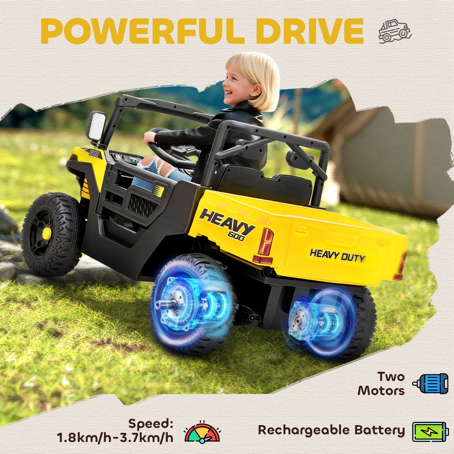 AIYAPLAY Kids Ride on Car, 12V Electric Kids UTV with Electric Dump Bed, 4-Wheel Suspension for 3-8 Years, Yellow