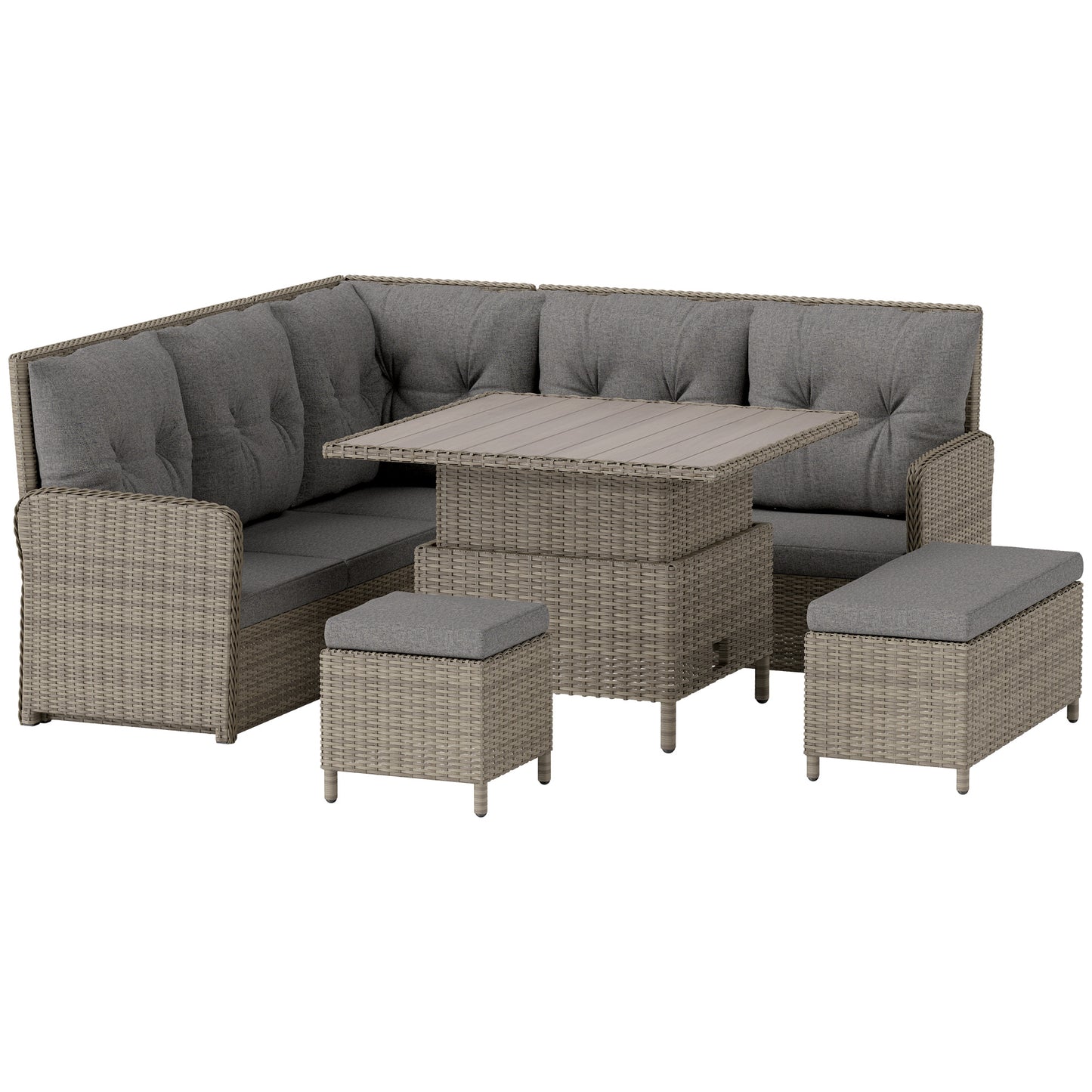 Outsunny 7 Seater Rattan Garden Furniture Set, 6 Piece Patio Dining Set with Liftable Coffee Table and Soft Padded Cushion, Wicker Sectional Conversation Corner Sofa, 123 x 55 x 84 cm, Light Grey