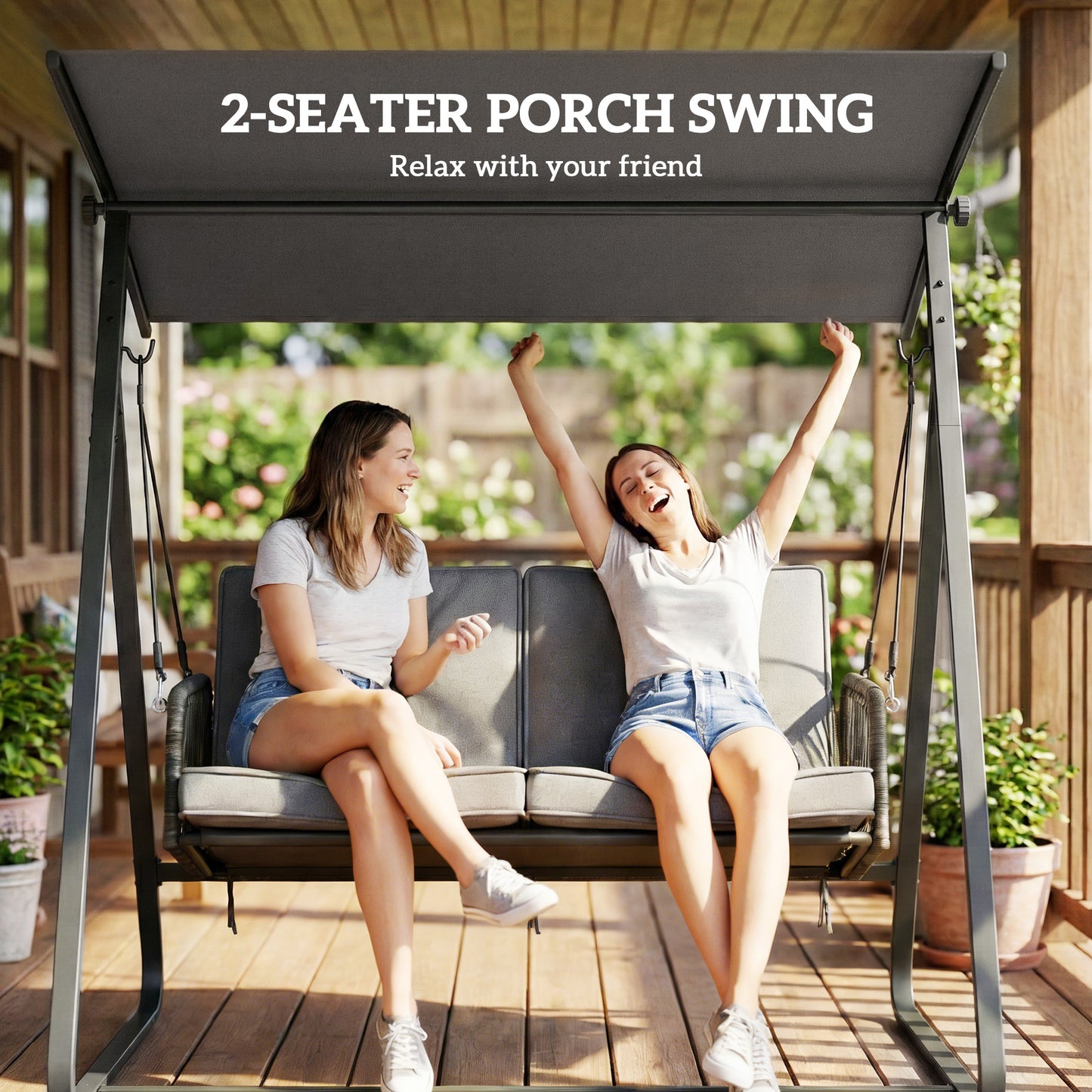 Outsunny 2-Seater Rattan Swing Chair, Outdoor Garden Hanging Swing Seat with Stand, Adjustable Canopy and Soft Cushions