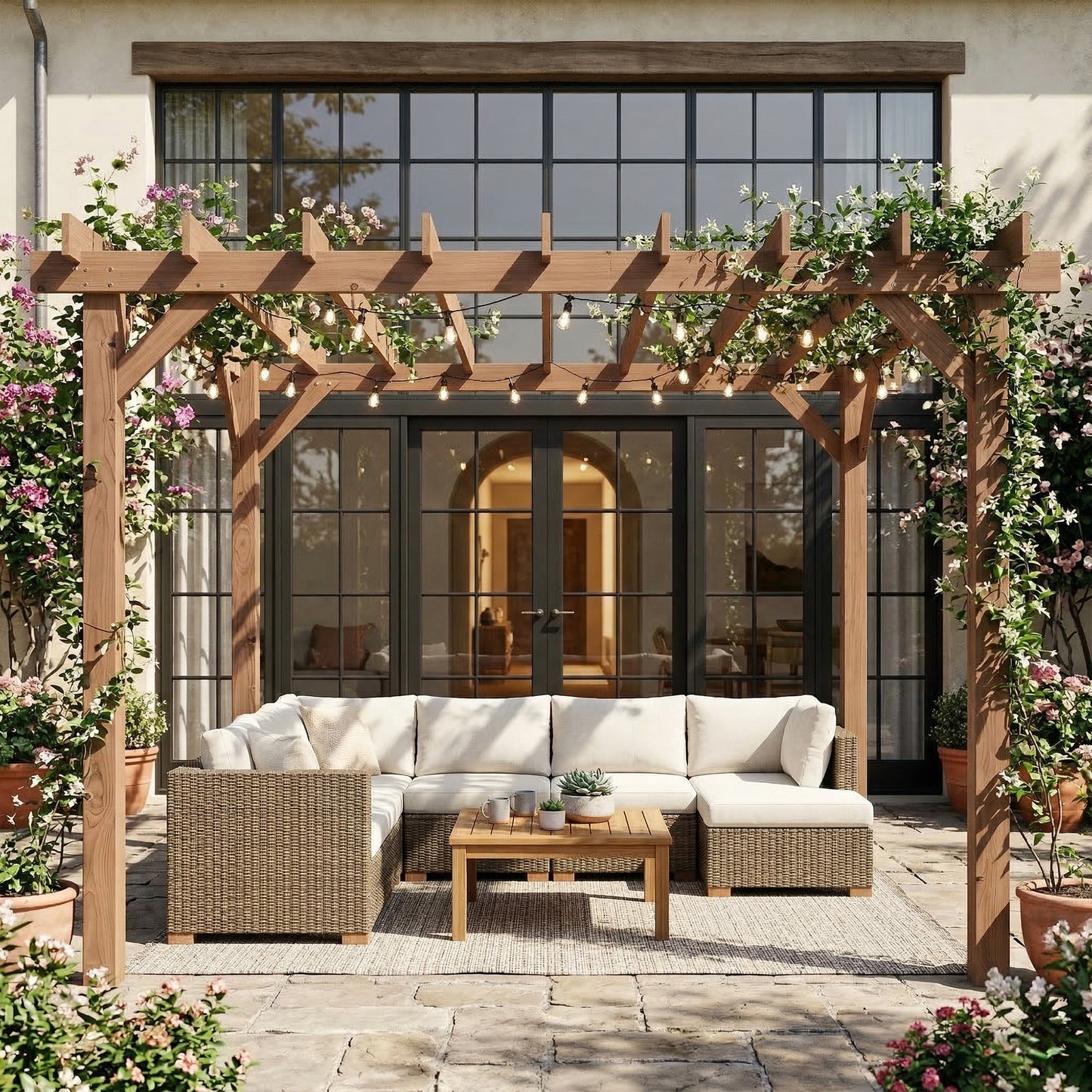Outsunny 3 x 3 m Wooden Pergola Kit, Garden Pergola Gazebo Grape Trellis with Triangle Supports, Maple Wood-effect