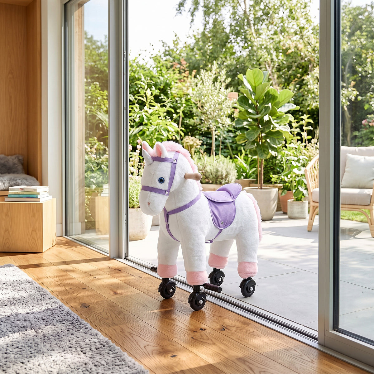 AIYAPLAY Unicorn Rocking Horse, Plush Ride On Horse with Hoof and Neighing, Rolling Wheels and Pedal for 3-8 Y, Up to 50kg, White