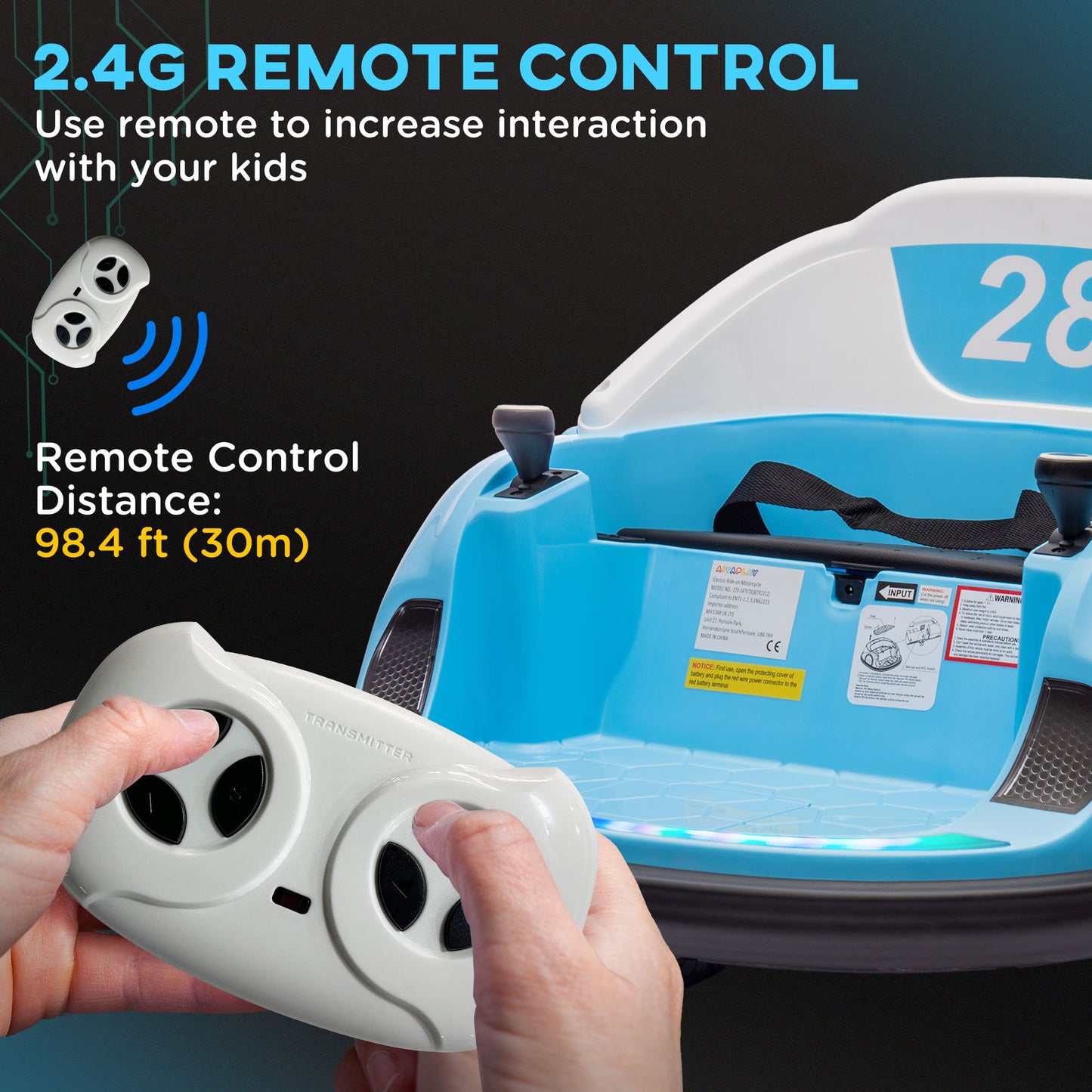 AIYAPLAY 360Â° Rotation Kids Bumper Car, 12V Waltz Car with Remote Control, Dual Joystick, Music, Lights, Light Blue